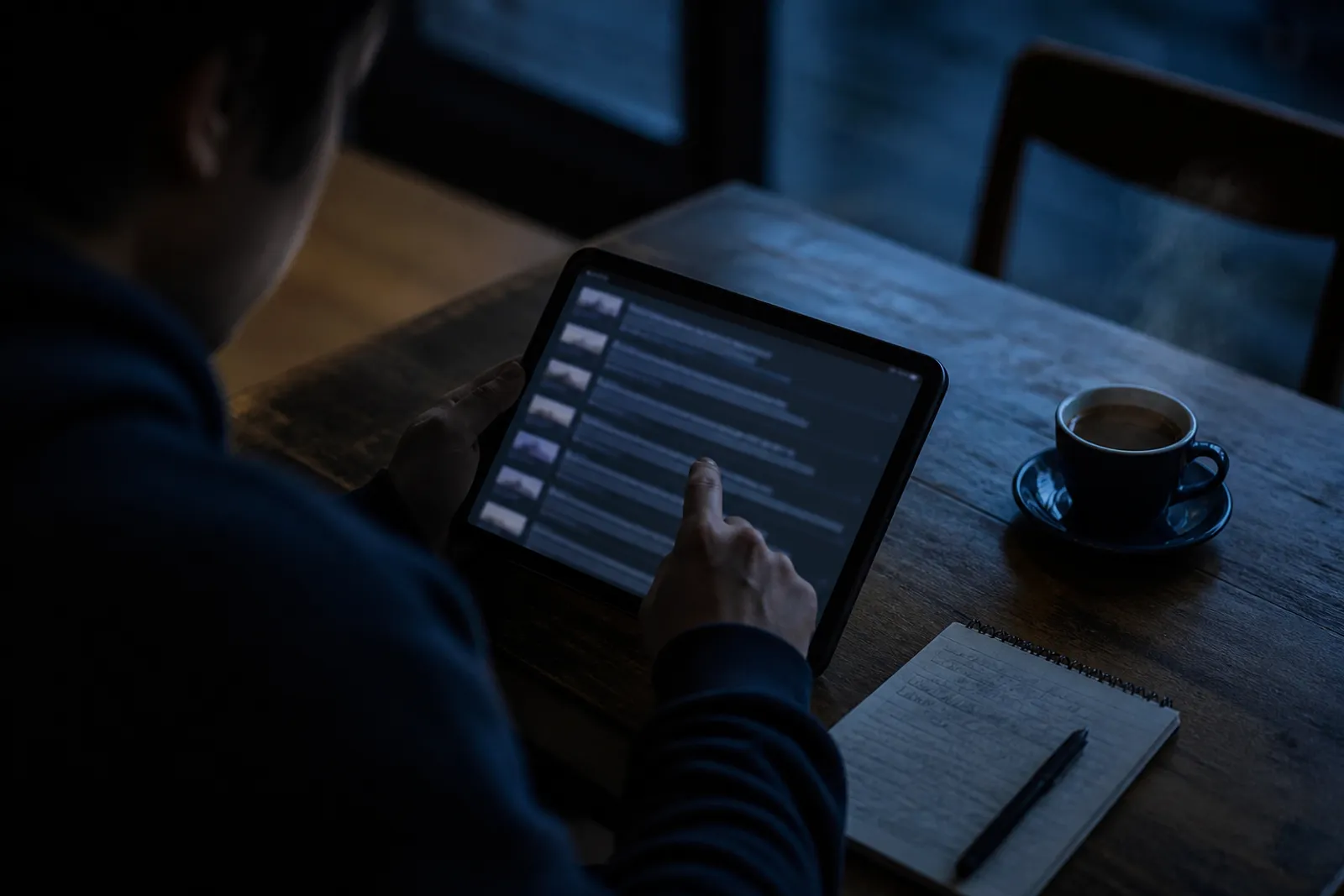 A user examines a dark web directory on a tablet in a cozy café.