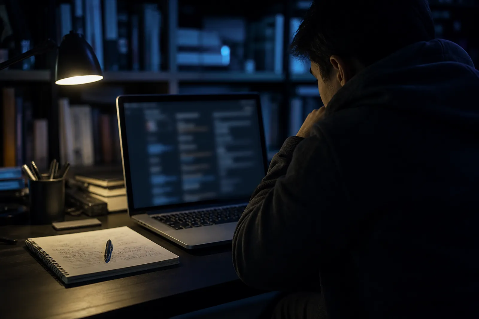 A person is focused on analyzing dark web tools on a laptop in a dimly lit room.