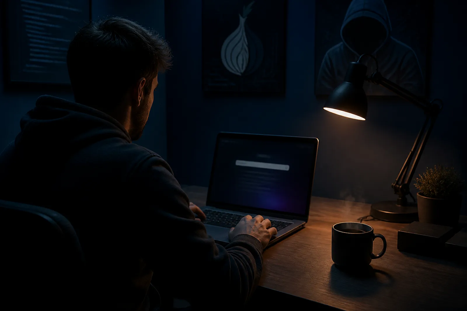 A user is deeply engaged in a search on Tordex Onion using a laptop.