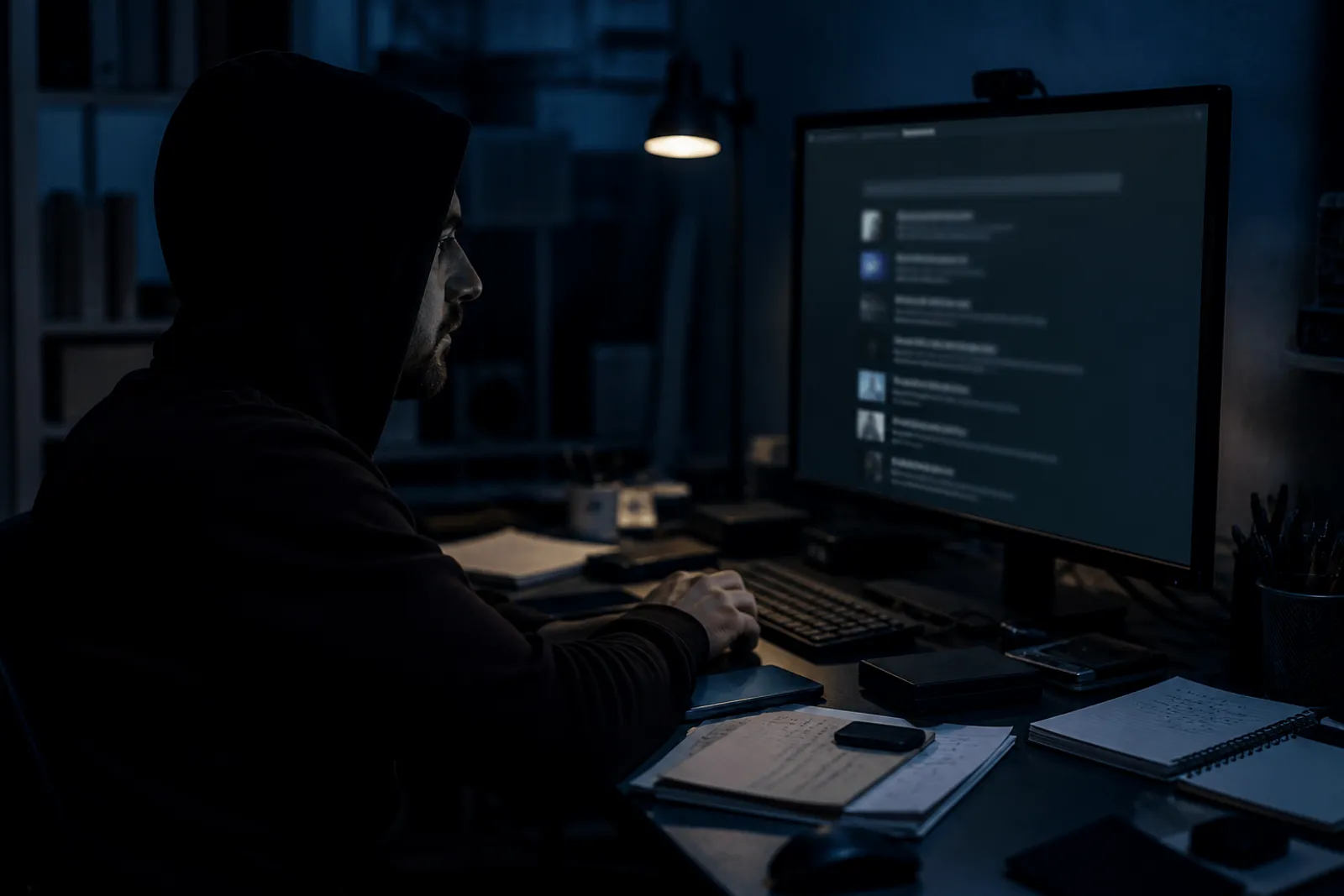 A user examines search results on a dark web search engine from a desktop setup.