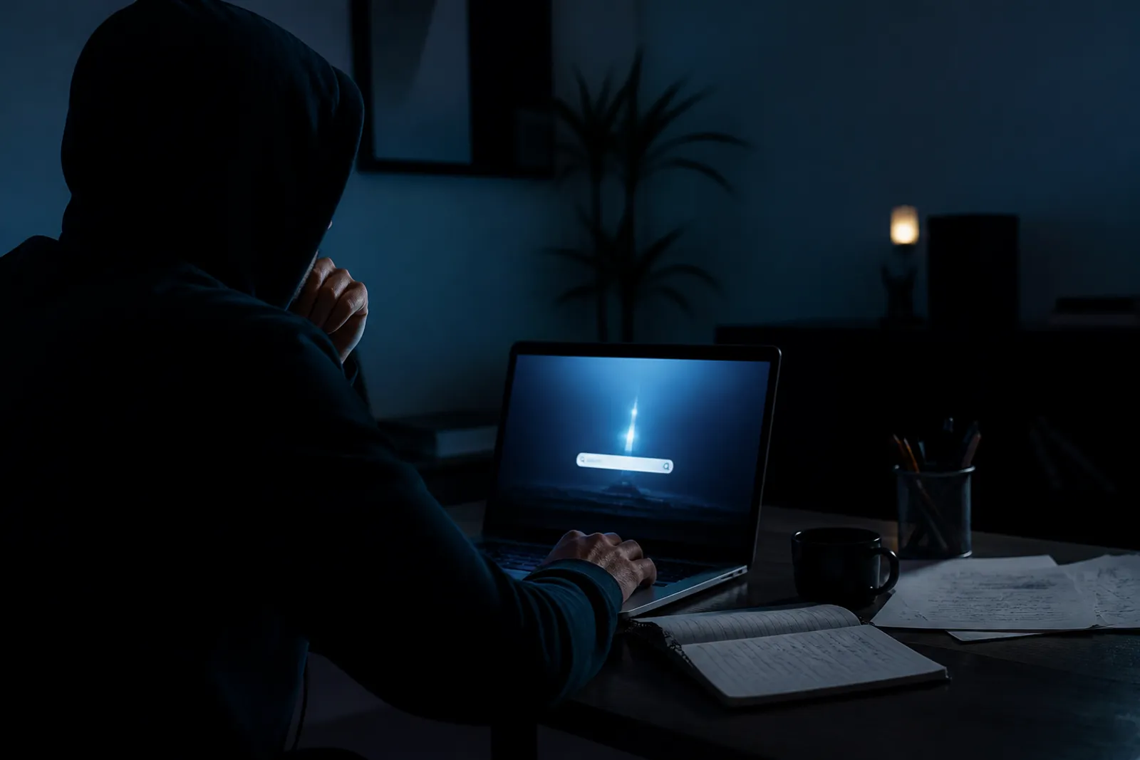 A user is engaged in navigating the Candle search engine in a low-lit environment.