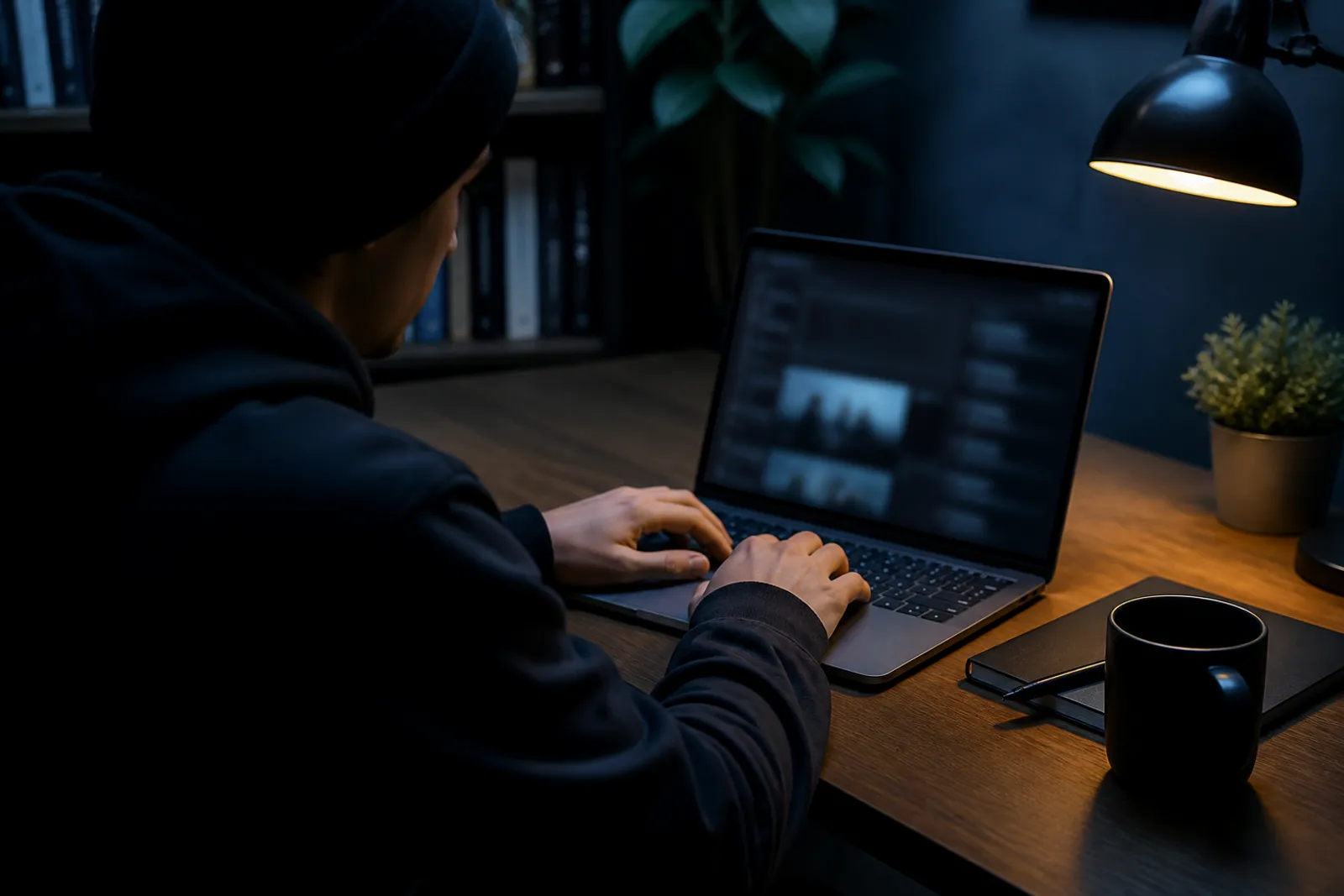 A person researching dark web directories in a cozy home office.