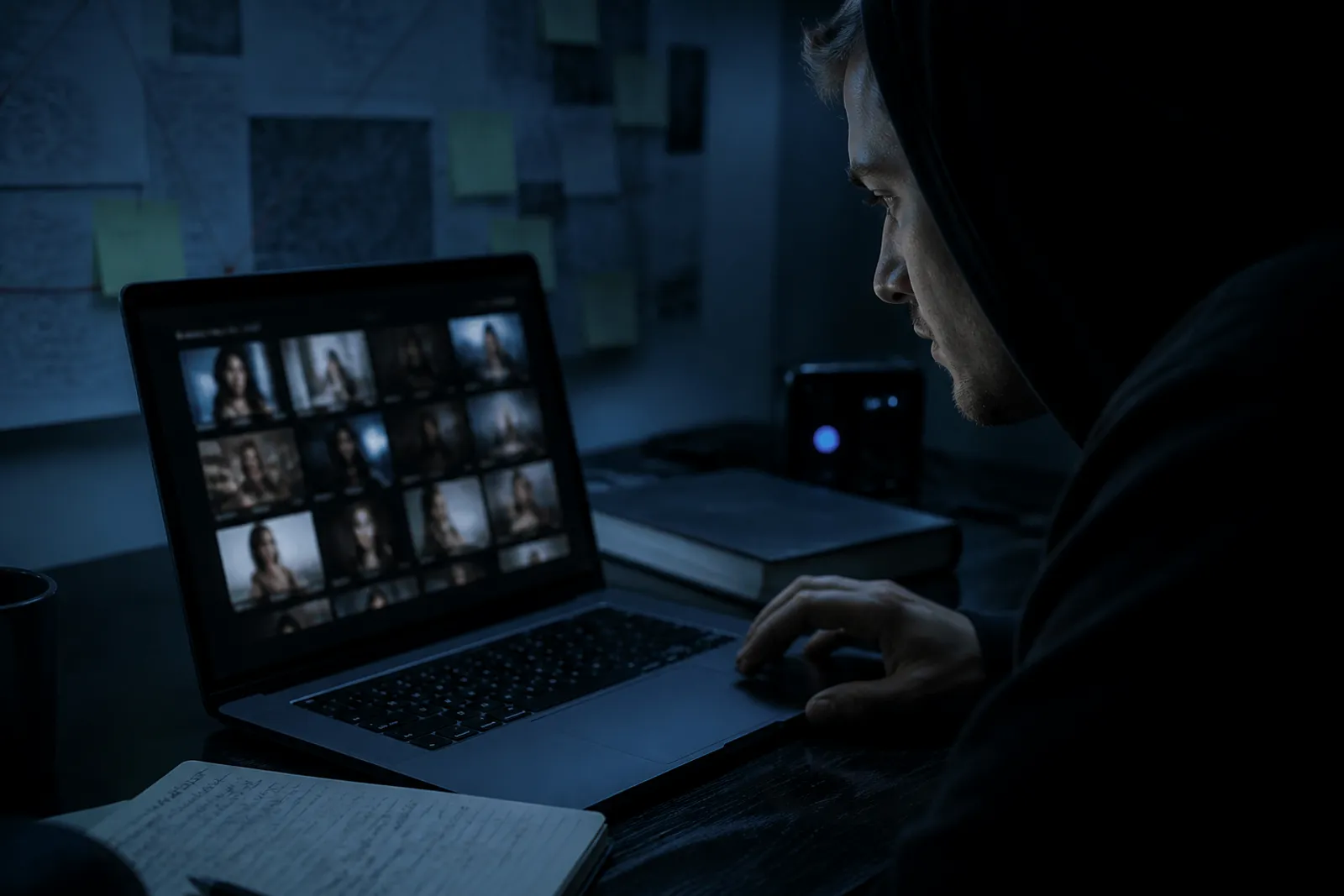 A user navigating dark web video search results on a laptop in a dimly lit room.