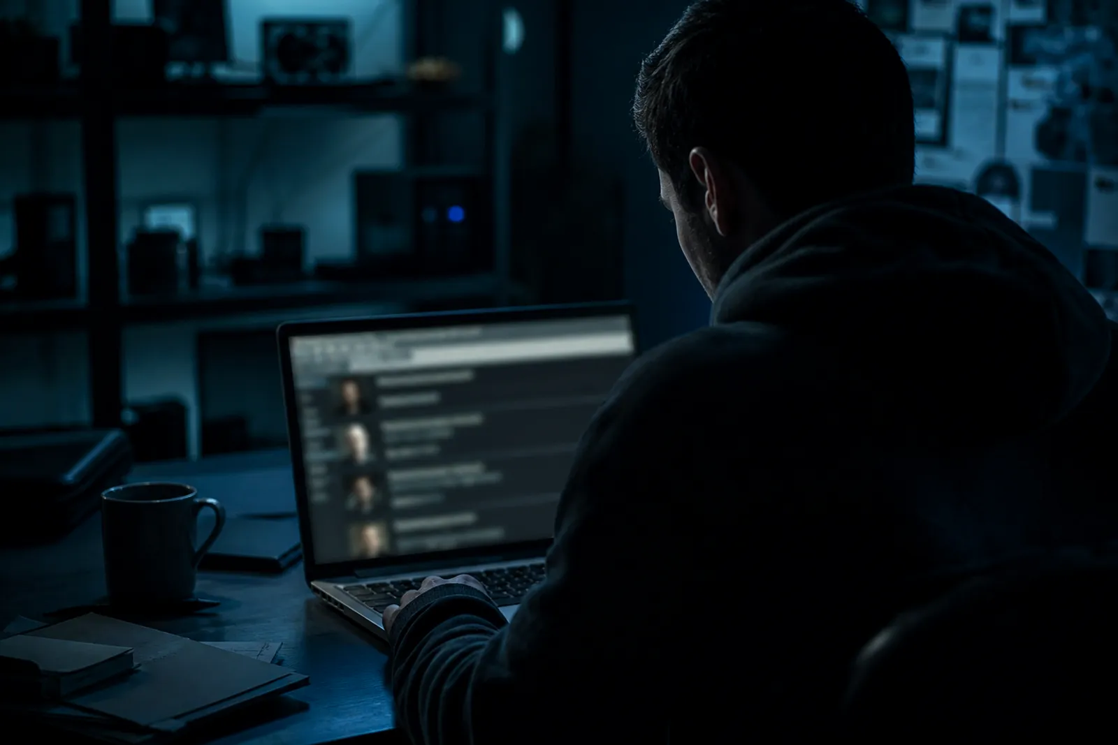 A person carefully browsing a dark web carding forum on their laptop in low light.