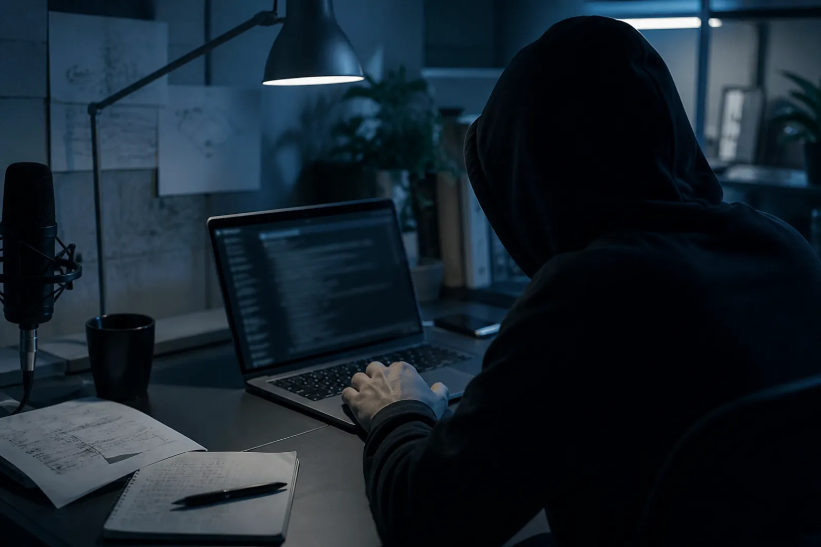 A cybersecurity researcher reviews AI tools on a dark web forum in a dimly lit room.