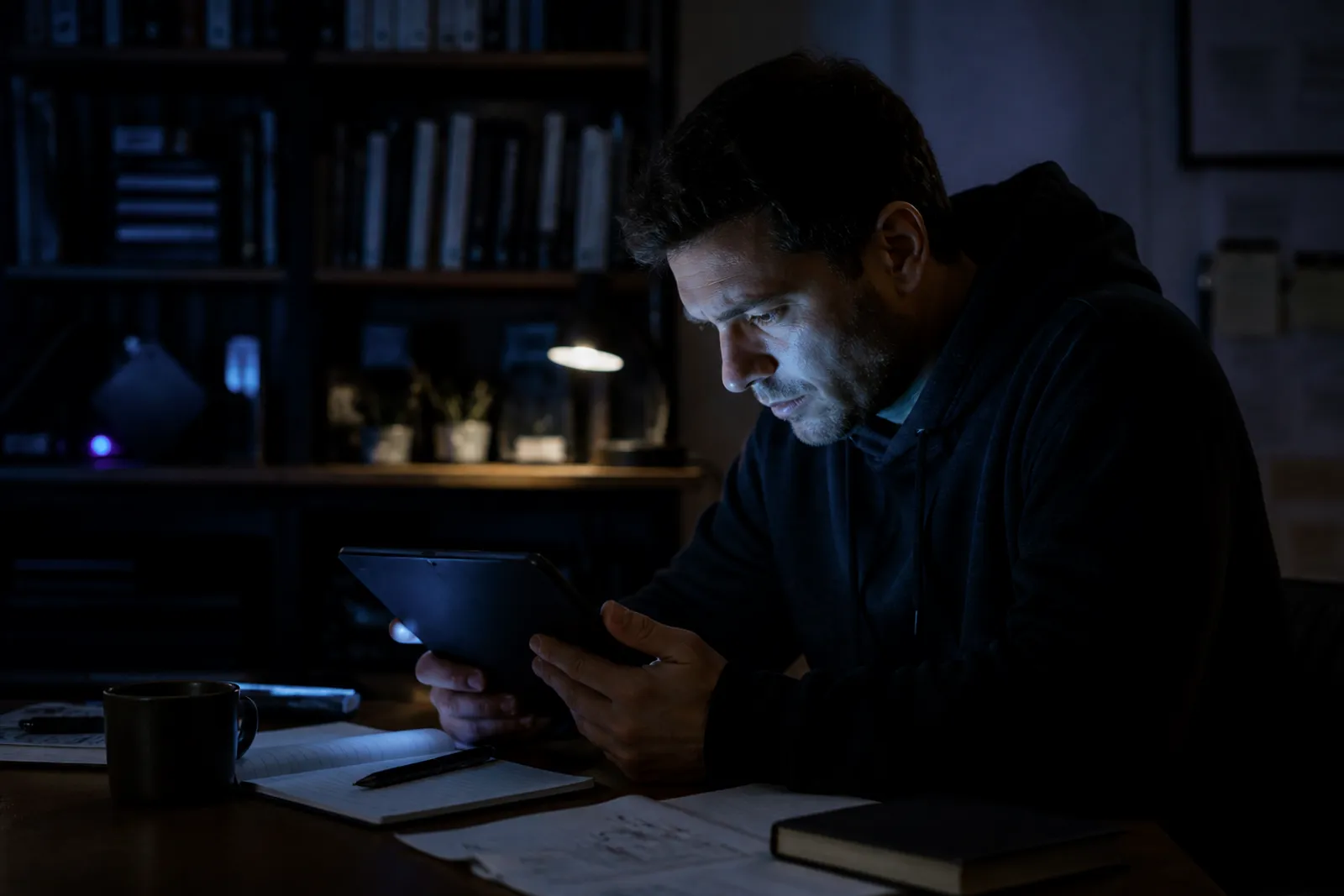 A user engages with carefully curated dark web links on a tablet in a cozy setting.