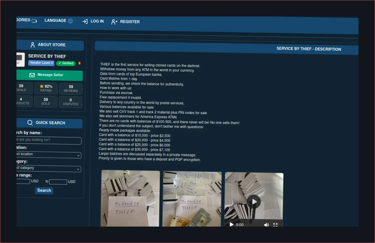 Darknet marketplace interface advertising cloned card services