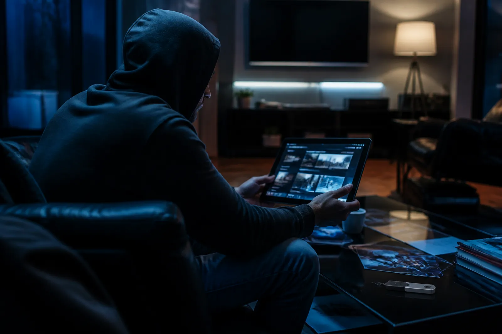 A user carefully examines a dark web marketplace on a tablet in a cozy living room.
