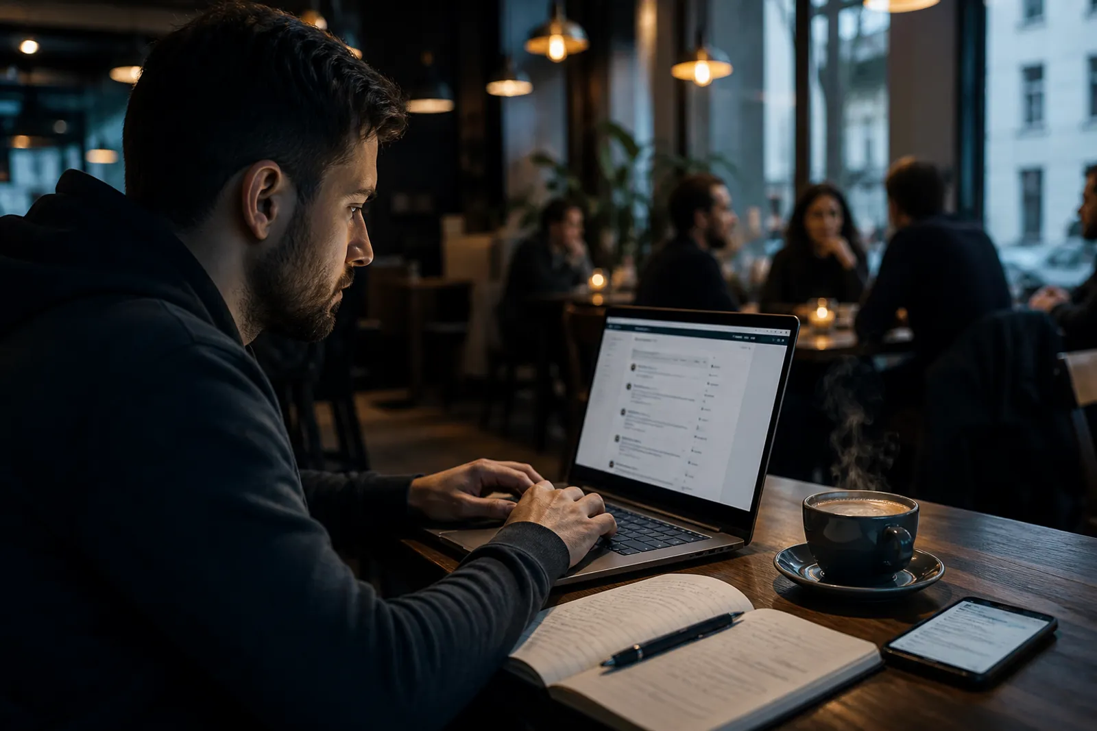 A user engaged in discussions about dark web links at a café.