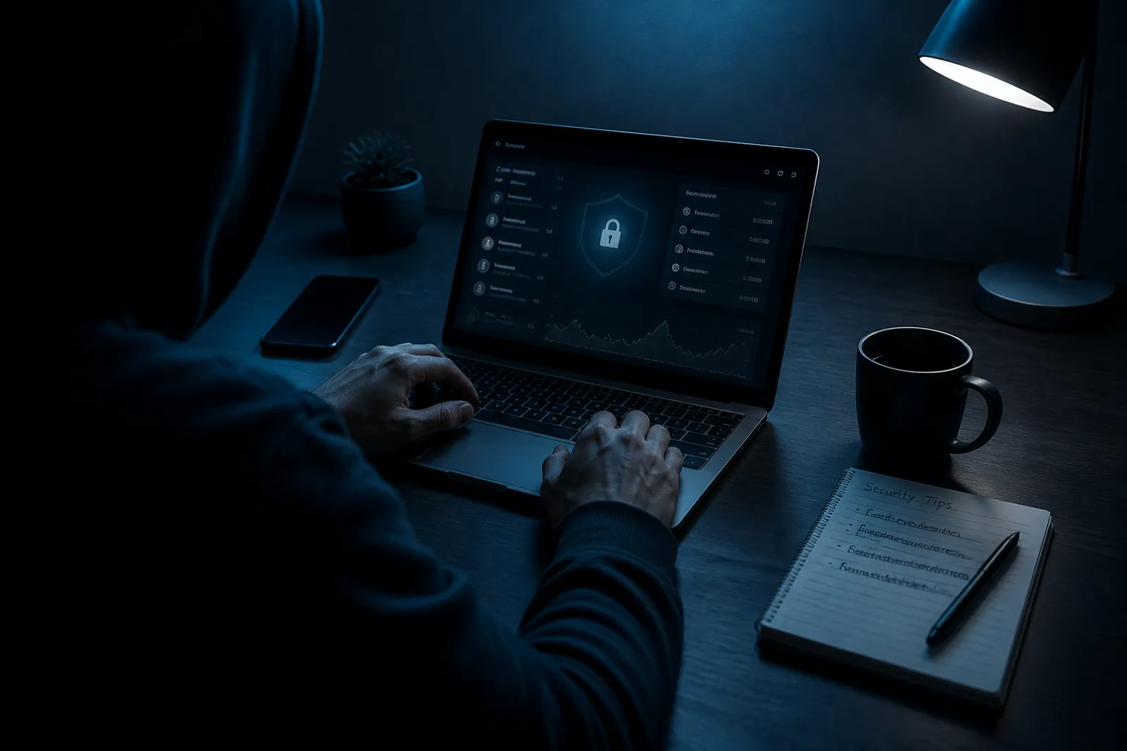 A user is consulting a secure cryptocurrency wallet on their laptop at a dimly lit desk.