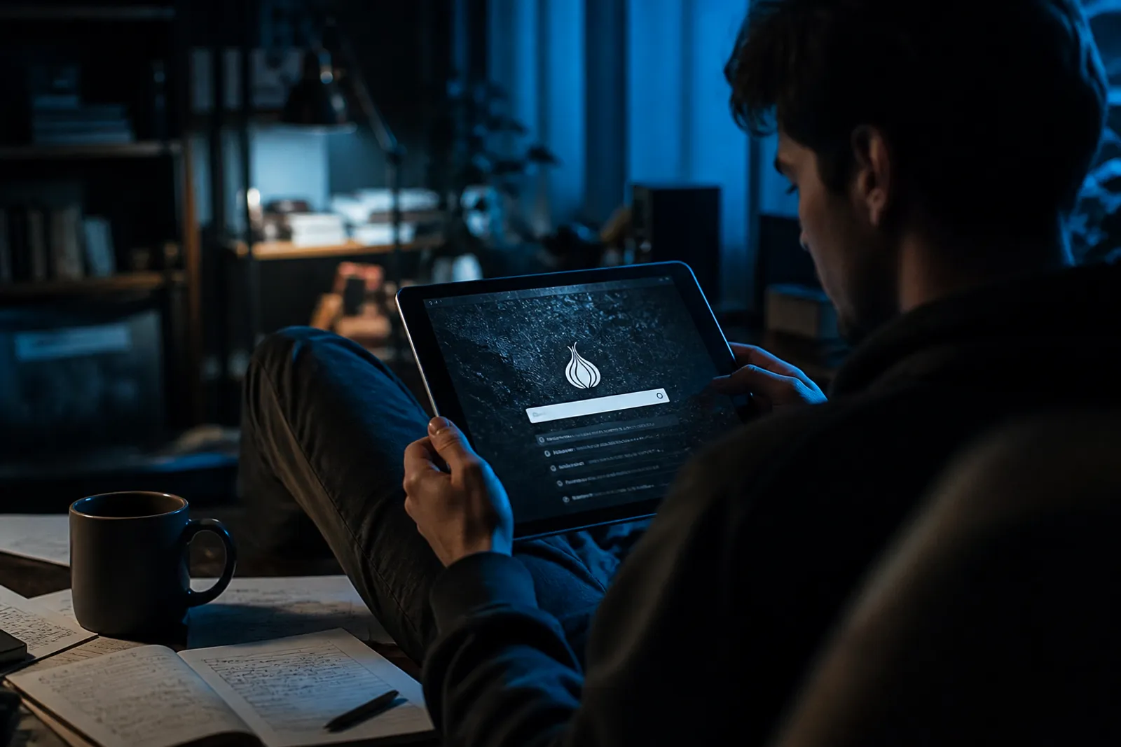 A user engaged with the Ahmia search engine on a tablet in a cozy environment.