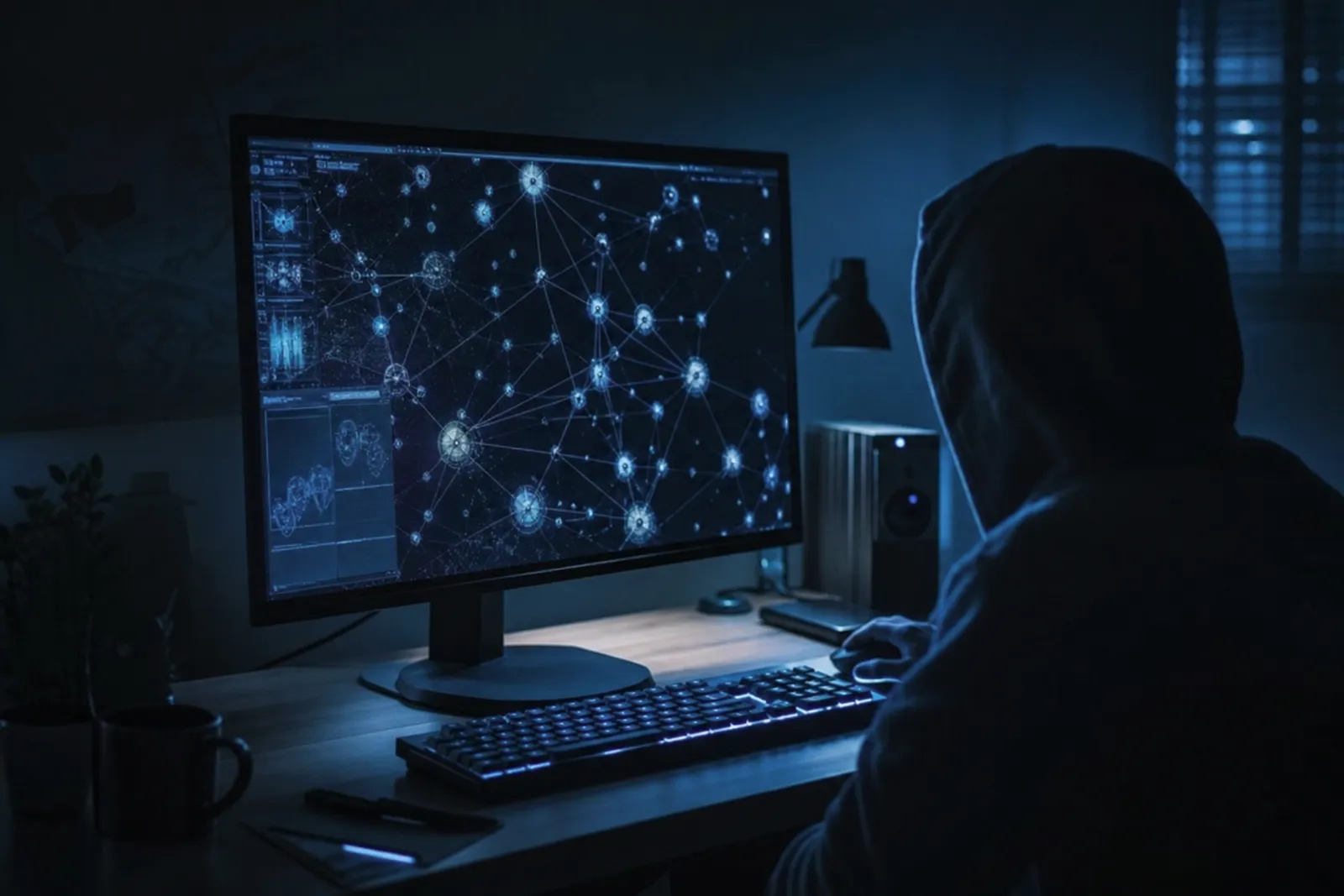 A user explores an interactive digital map of dark web links in a dimly lit room.