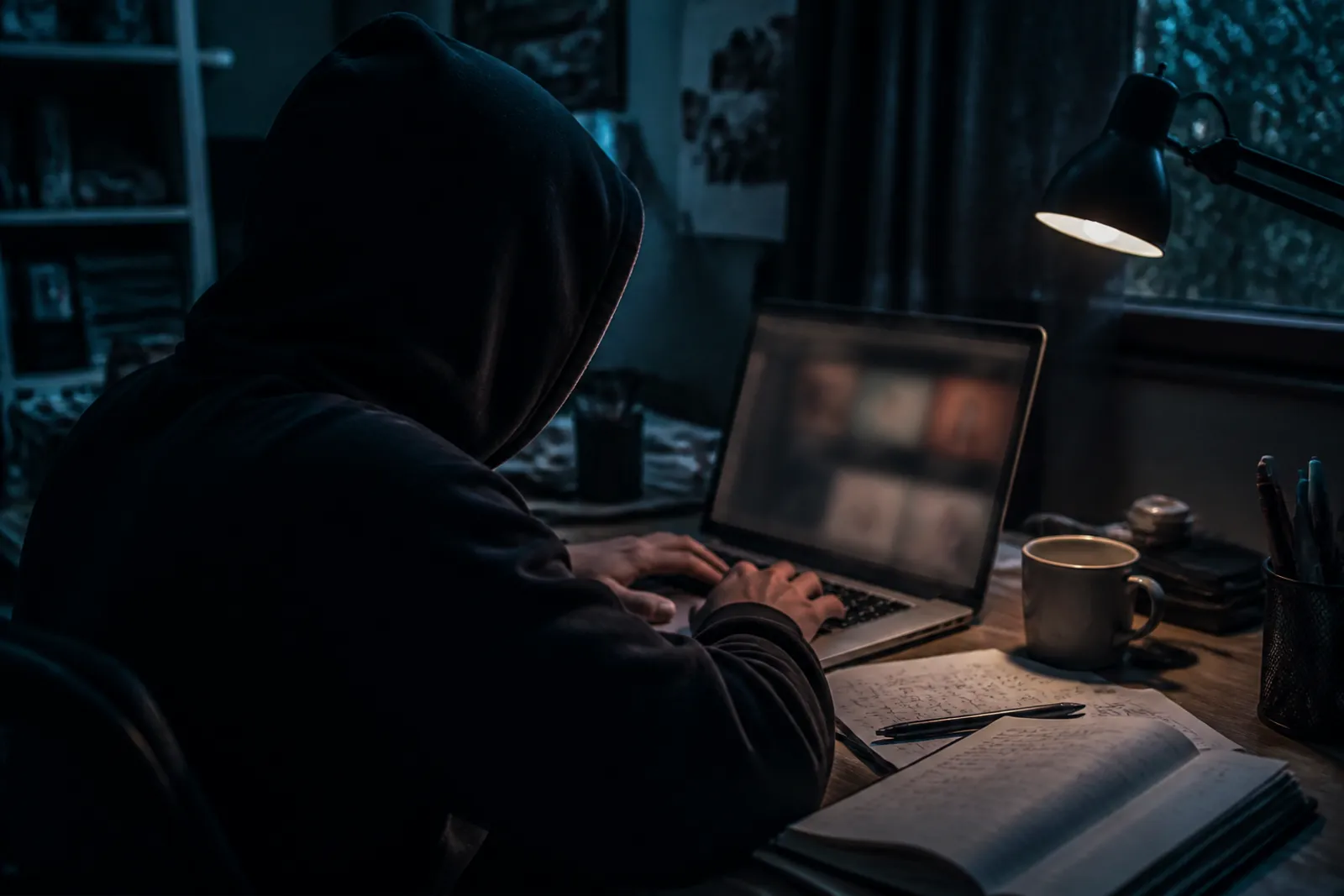 A user deeply engaged in analyzing dark web adult content links on a laptop.
