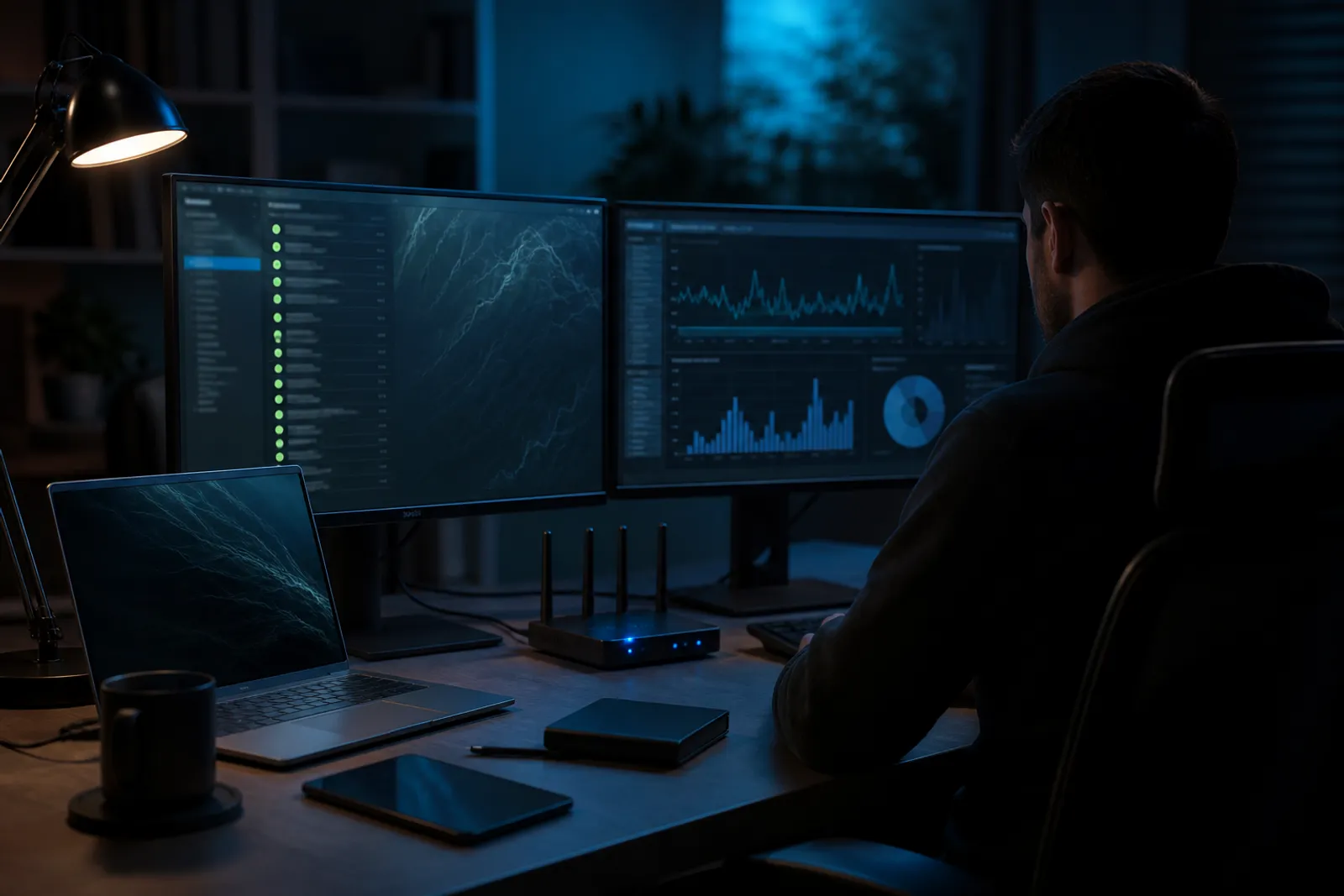 A user thoughtfully reviewing a curated list of darknet resources in an office environment.