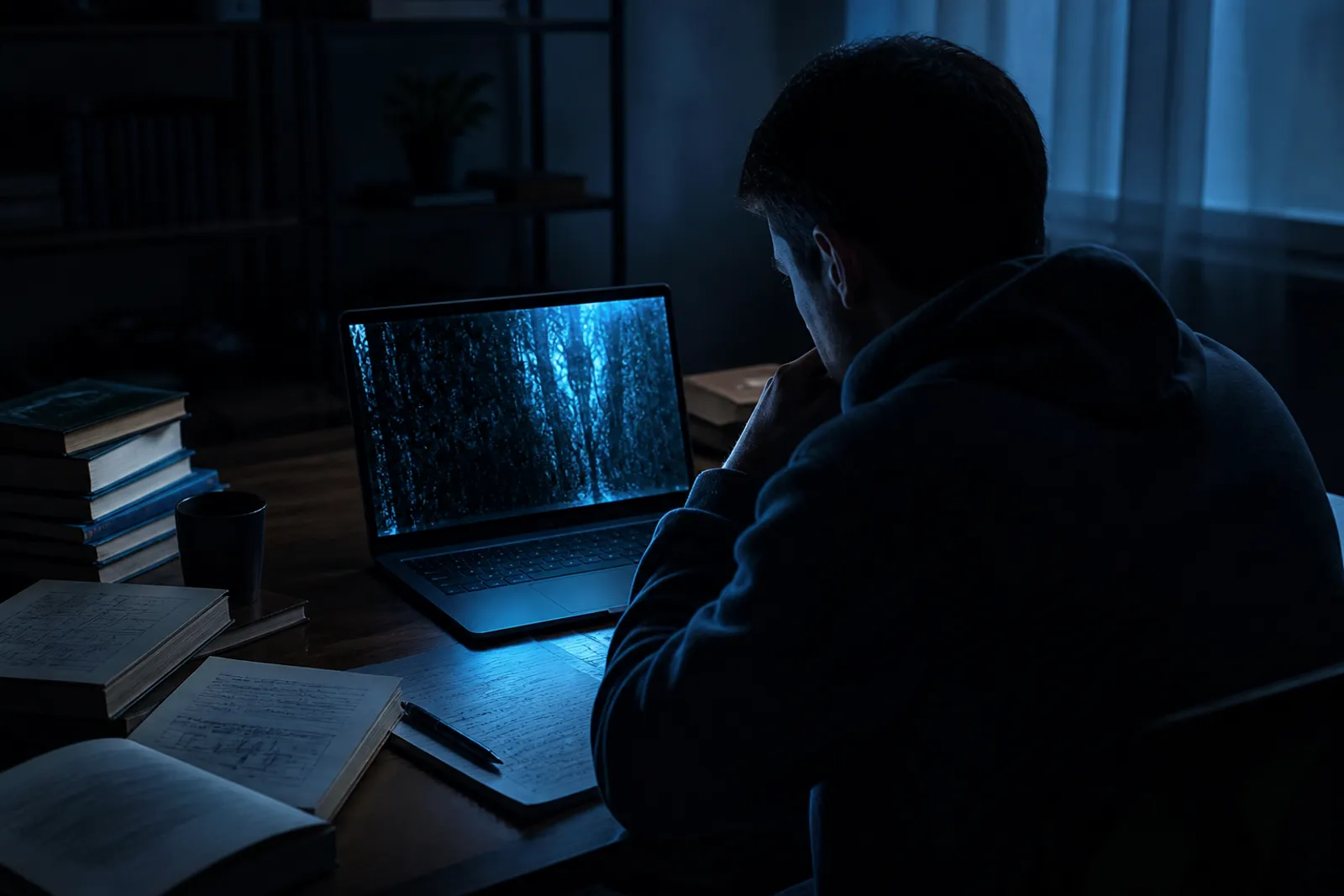A user deeply focused on exploring a dark web directory on their laptop.