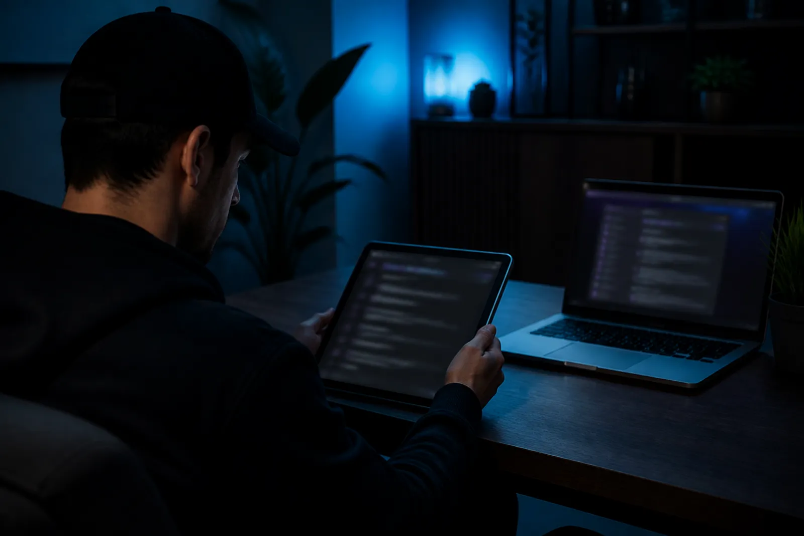 A user is examining search results on a Tor search engine using a tablet in a dimly lit room.