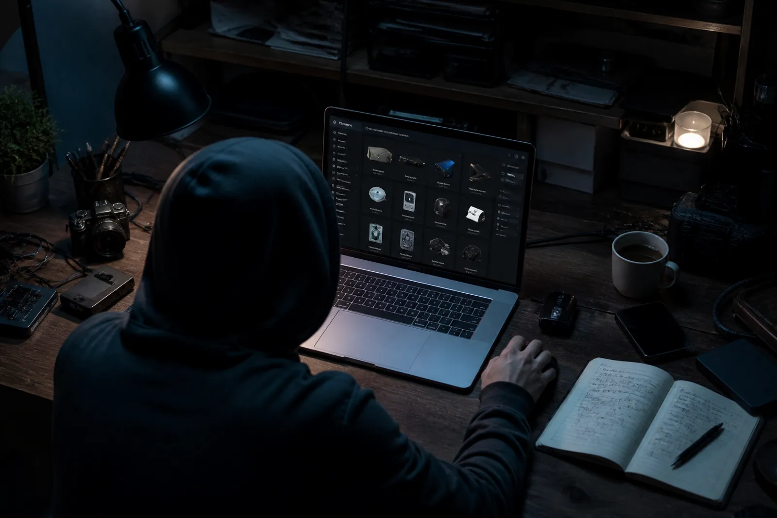 A user deeply engaged in analyzing a dark web marketplace on their laptop.