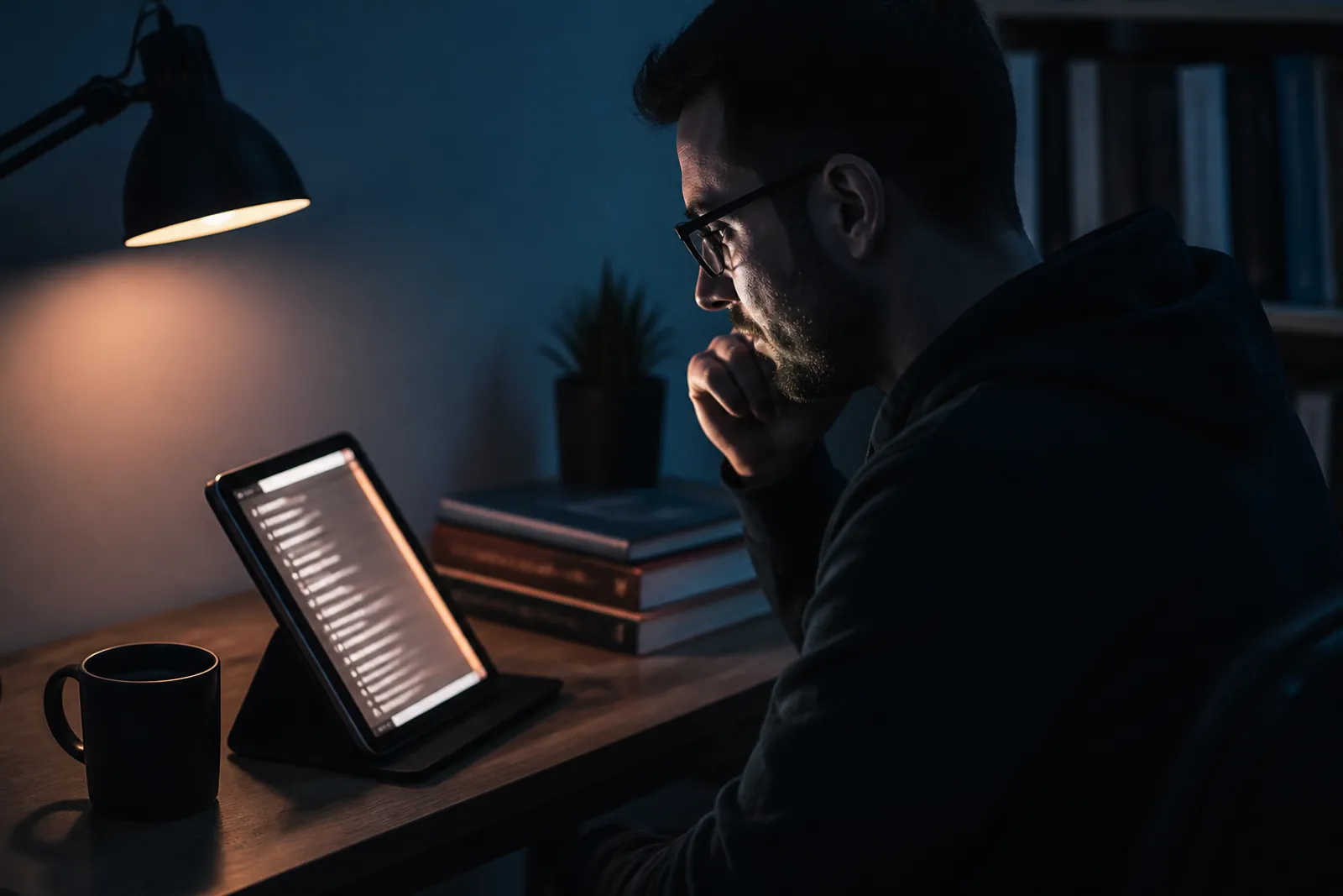 A user intently reviews a list of onion websites on a tablet in a cozy room.