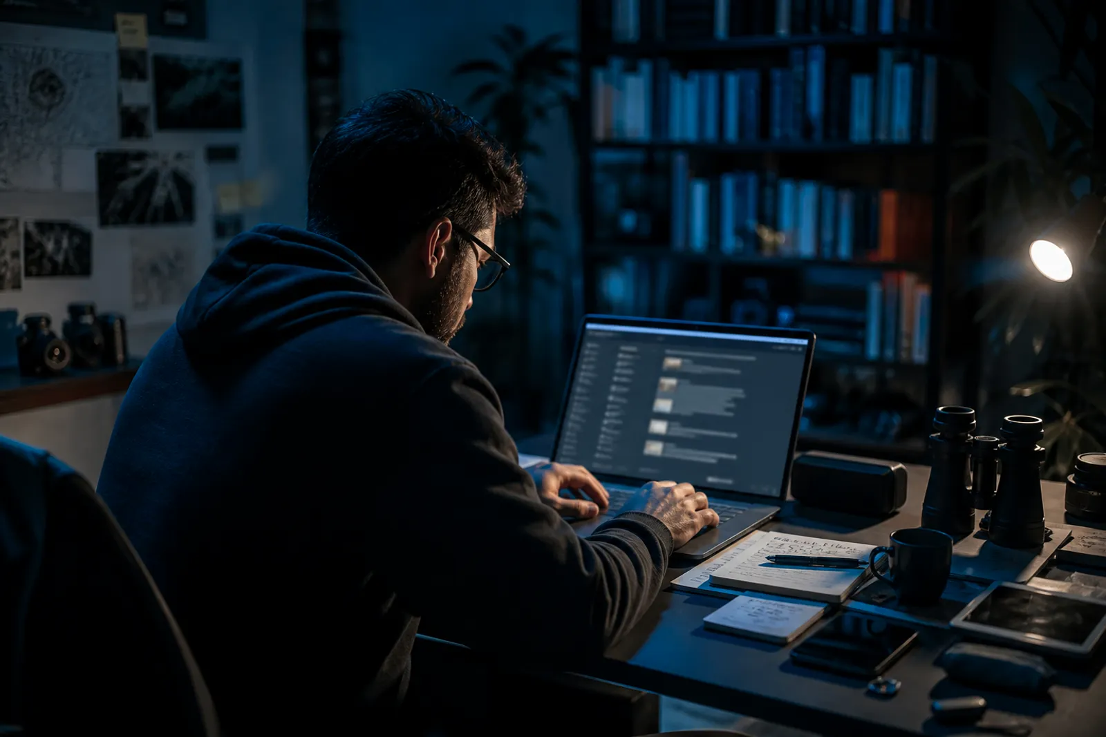 A security researcher examines curated dark web links on GitHub in a dimly lit room.