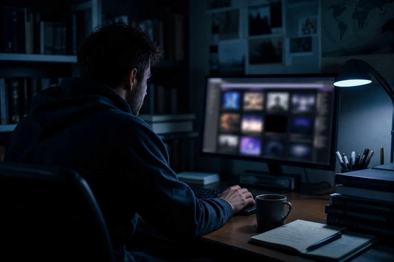 A researcher studies .onion websites on a desktop computer in a darkened room.