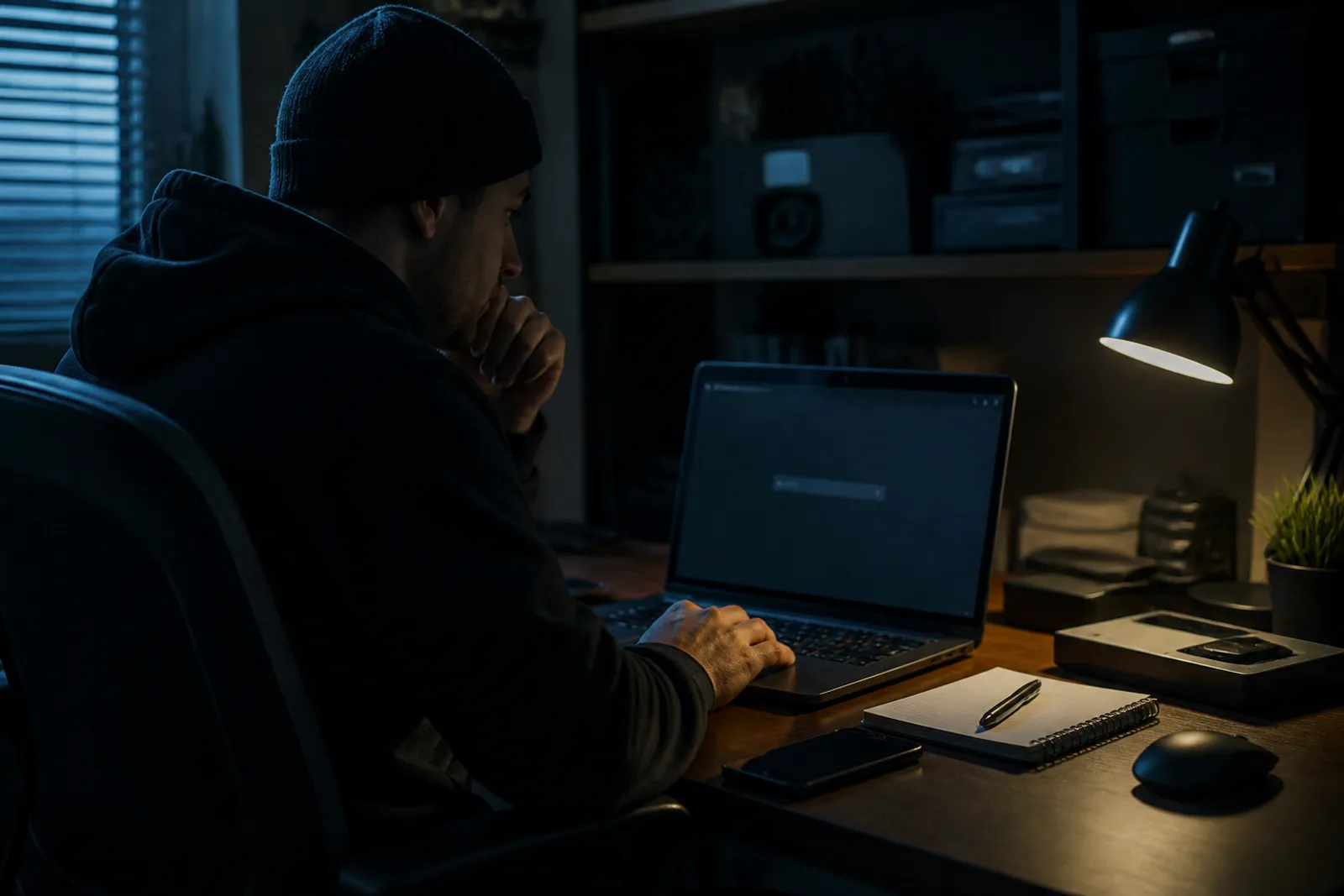 A user engages with a dark web search engine on their laptop in a cozy office.