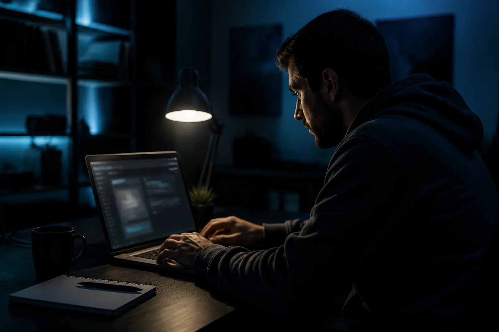 A user focused on a dark web search engine in a dimly lit room.
