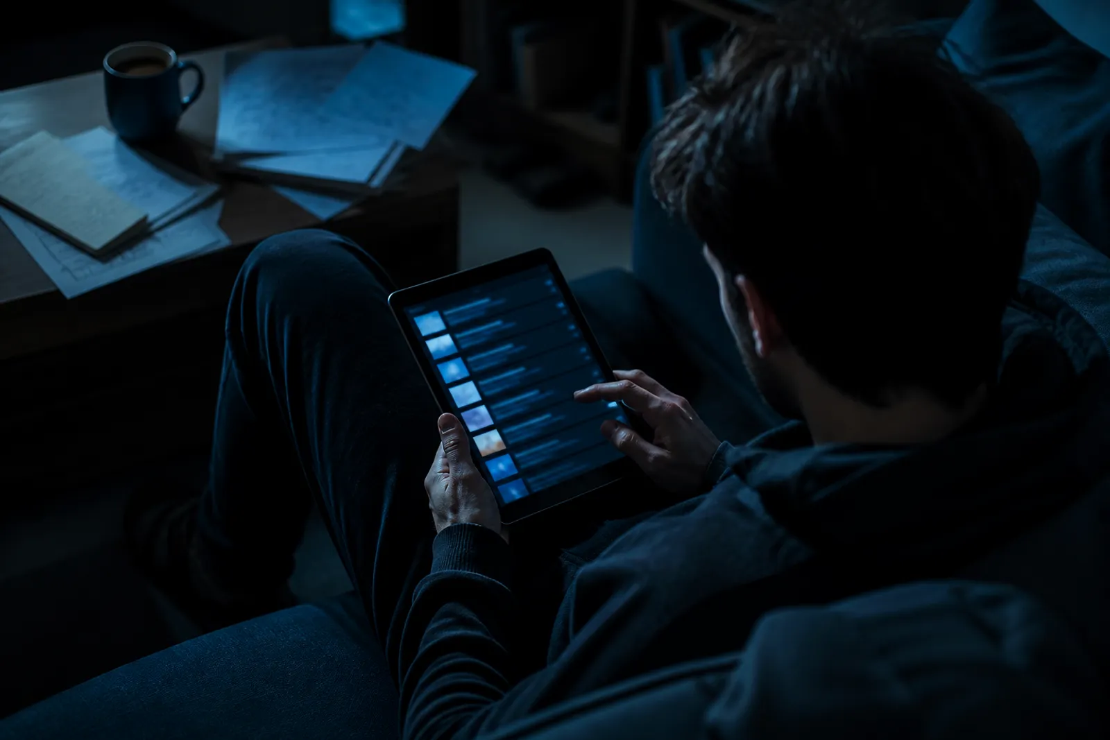 A user is engaged with curated .onion links on a tablet in a cozy setting.