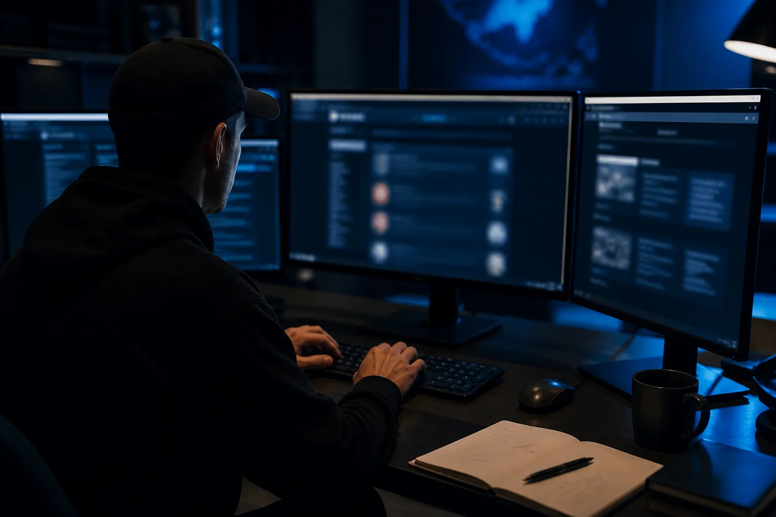 A user engaged in exploring deep web search engines on a desktop computer.