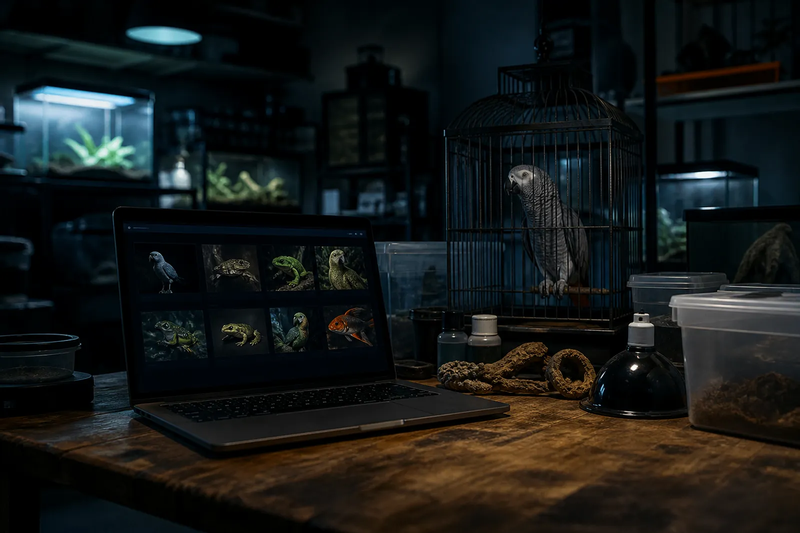 A dimly lit room with a laptop displaying a dark web pet marketplace and an African gray parrot in a cage.