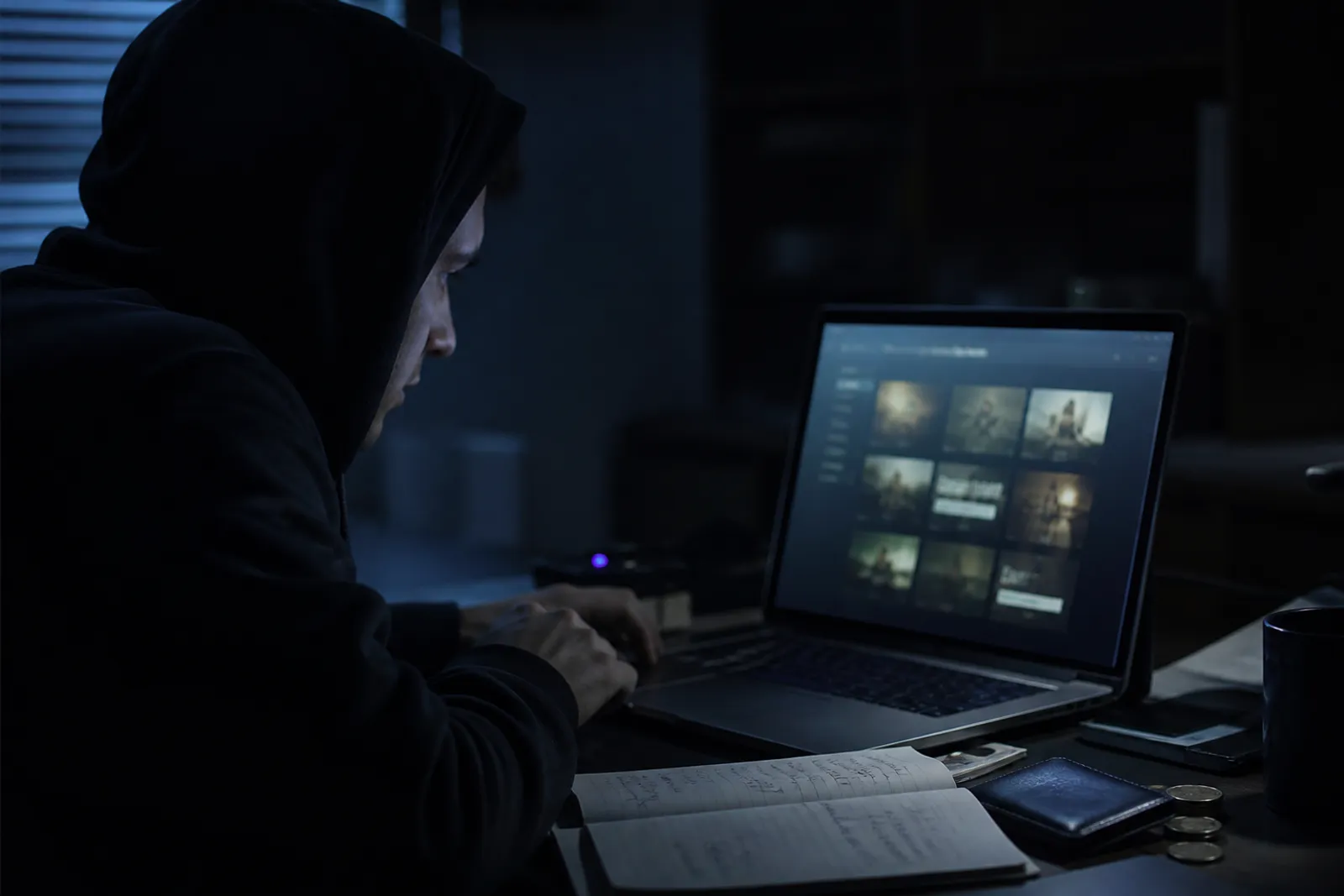 A user carefully navigating a darknet marketplace on their laptop in a dimly lit room.