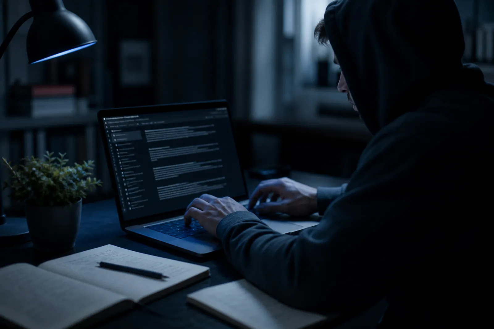 A person is focused on a laptop in a dim room, browsing .onion links.