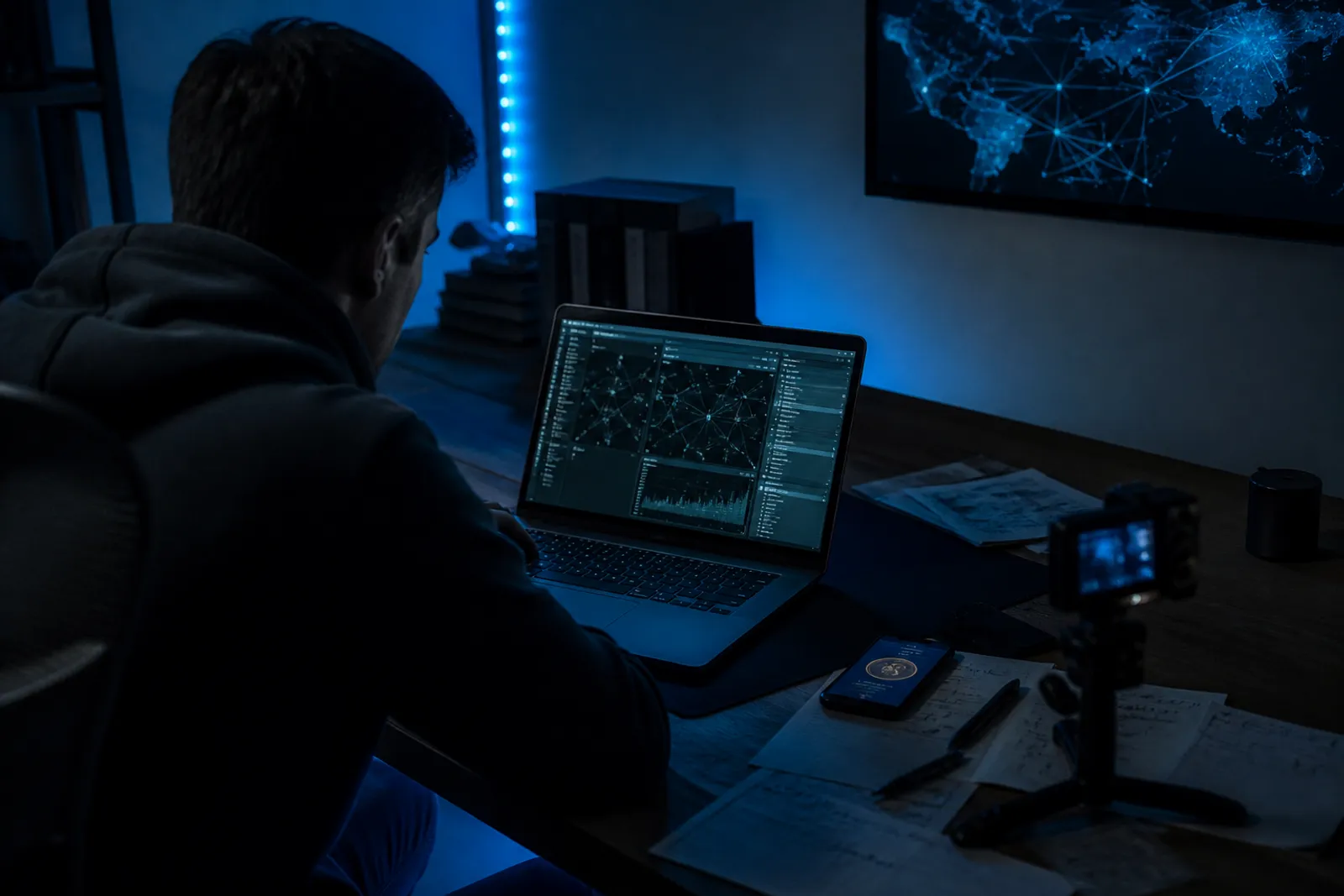 A researcher deeply engaged in analyzing darknet marketplace data using a laptop.