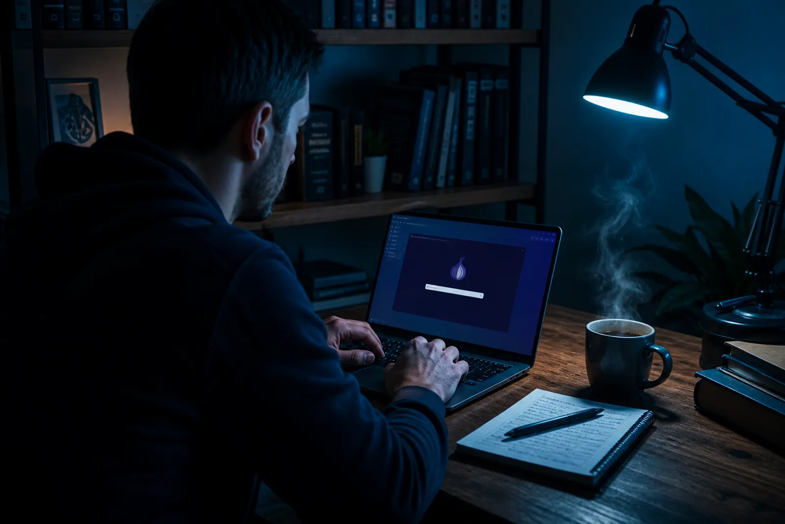 A user immersed in secure browsing, surrounded by tech books and a warm ambiance.