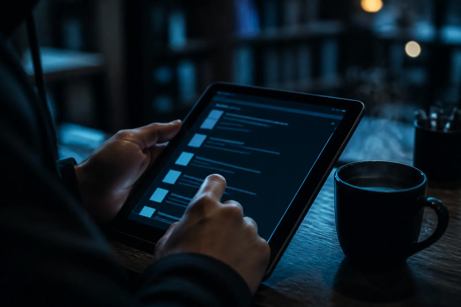 A user investigates dark web search tools on a tablet in a cozy café.
