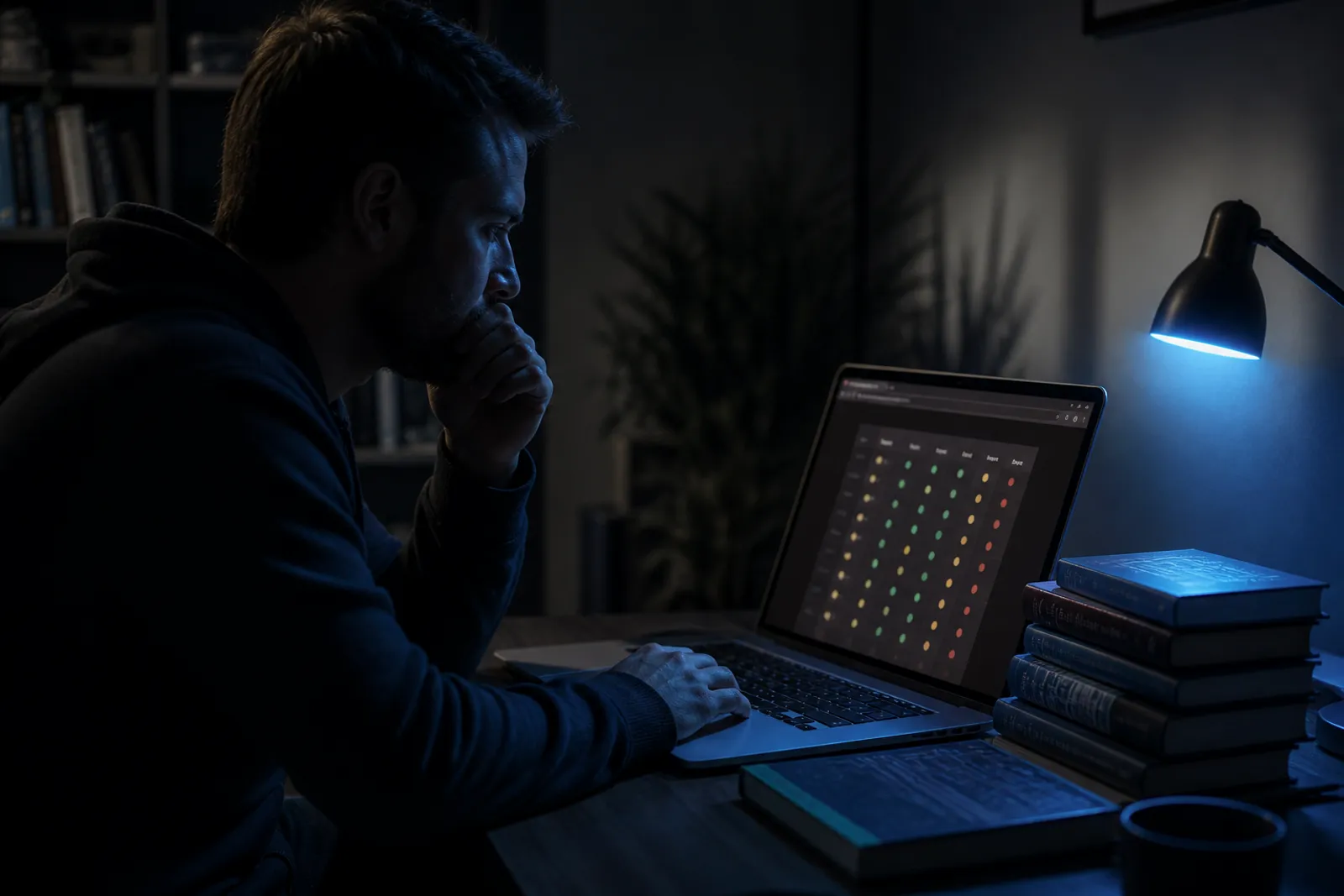 A user concentrating on a laptop while reviewing dark web browser features.