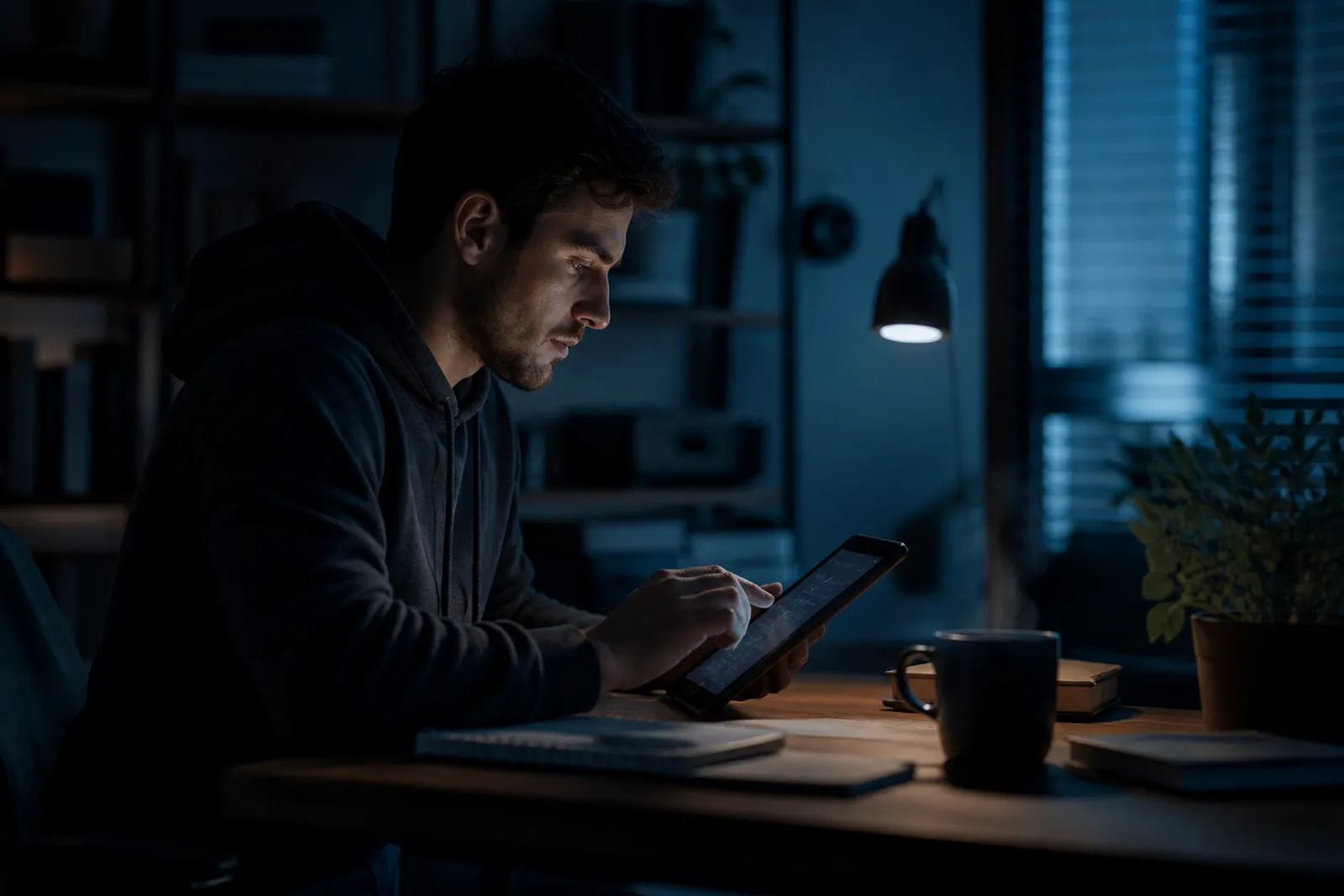 A user reviews a dark web directory on a tablet in a dimly lit room.
