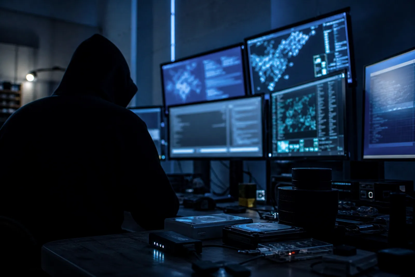 A dimly lit workspace featuring multiple screens with dark web content displayed.