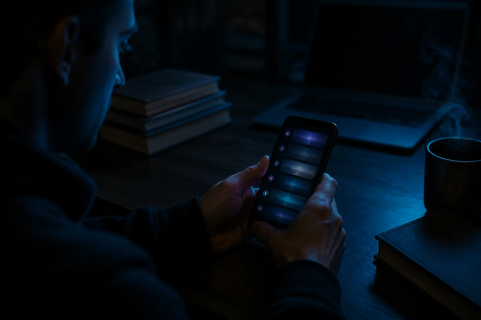 A focused individual exploring .onion links on their smartphone at a desk.