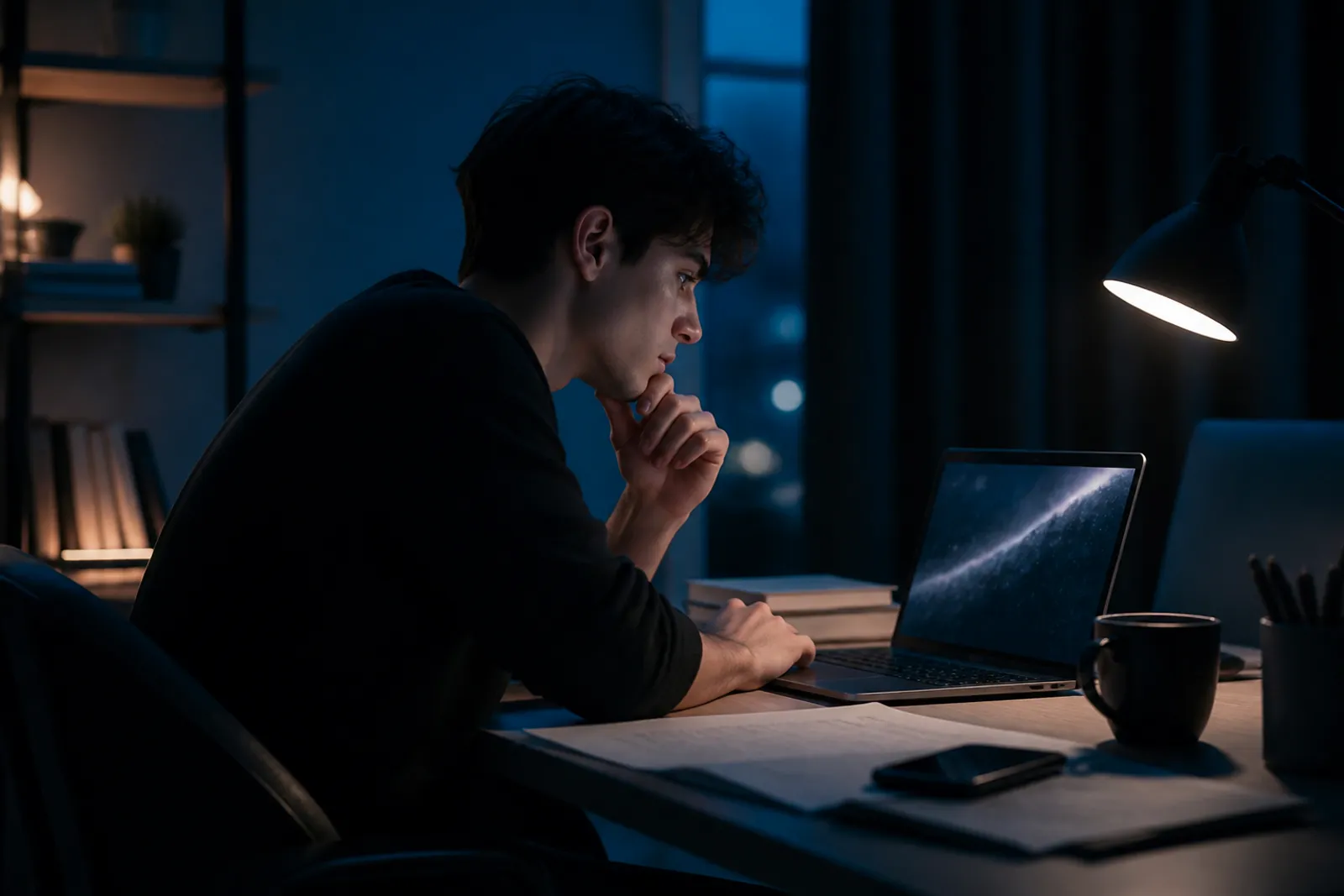 A user is deeply engaged in exploring a dark web search engine on their laptop.