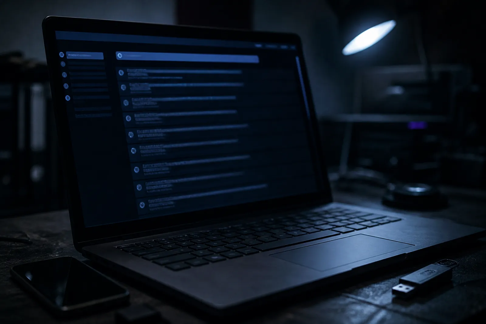 A laptop screen shows various .onion links on a dark web search engine.