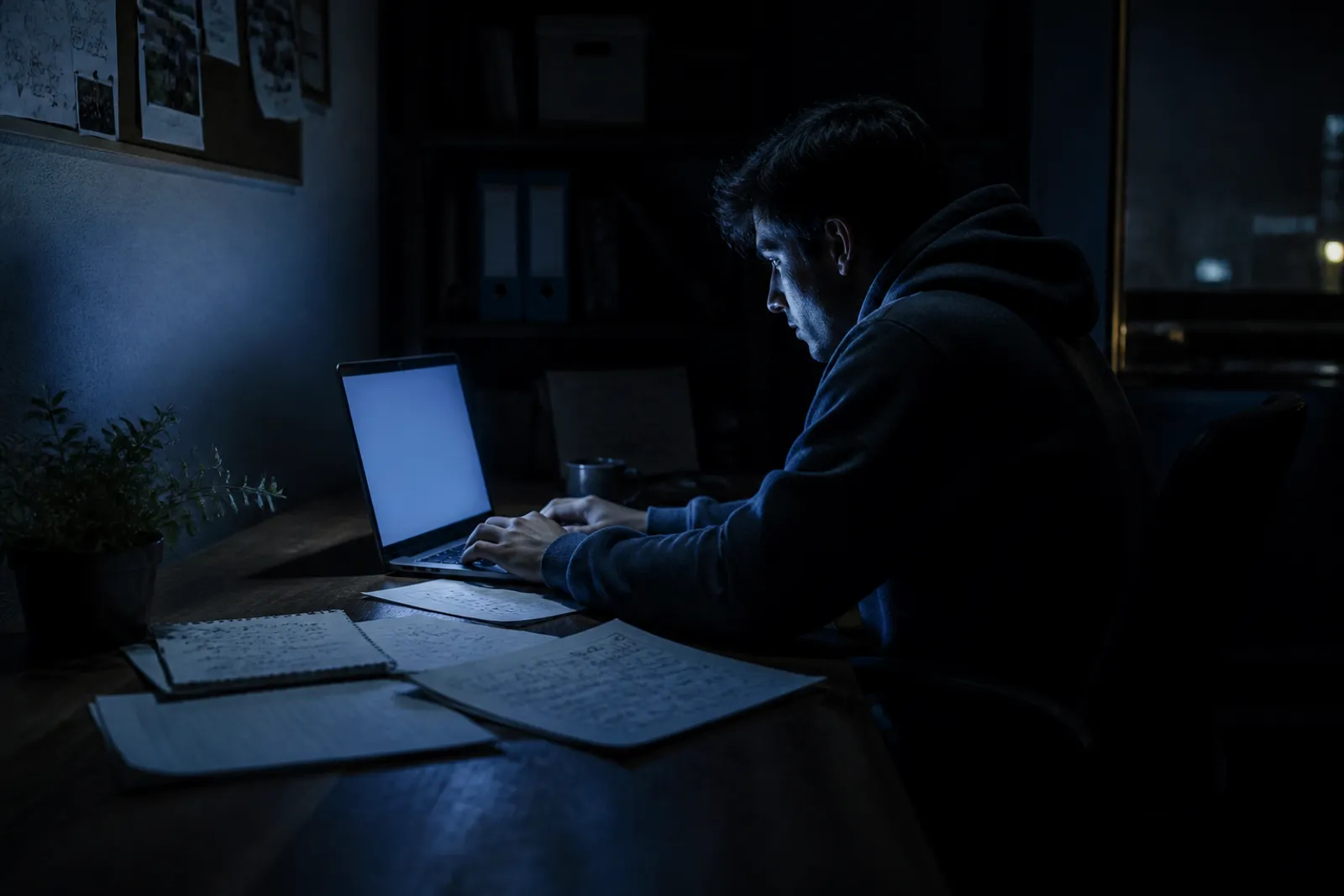 A person is exploring darknet search engines on a laptop in a dimly lit room.