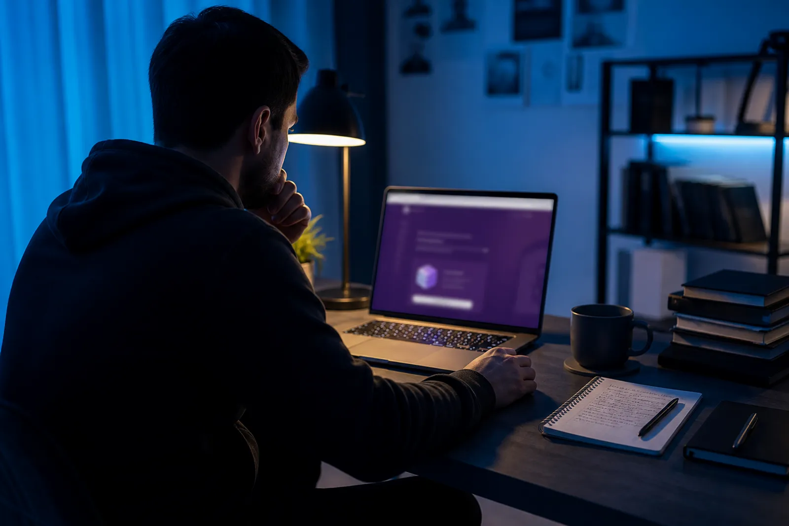 A user is downloading the Tor Browser on their laptop in a cozy workspace.