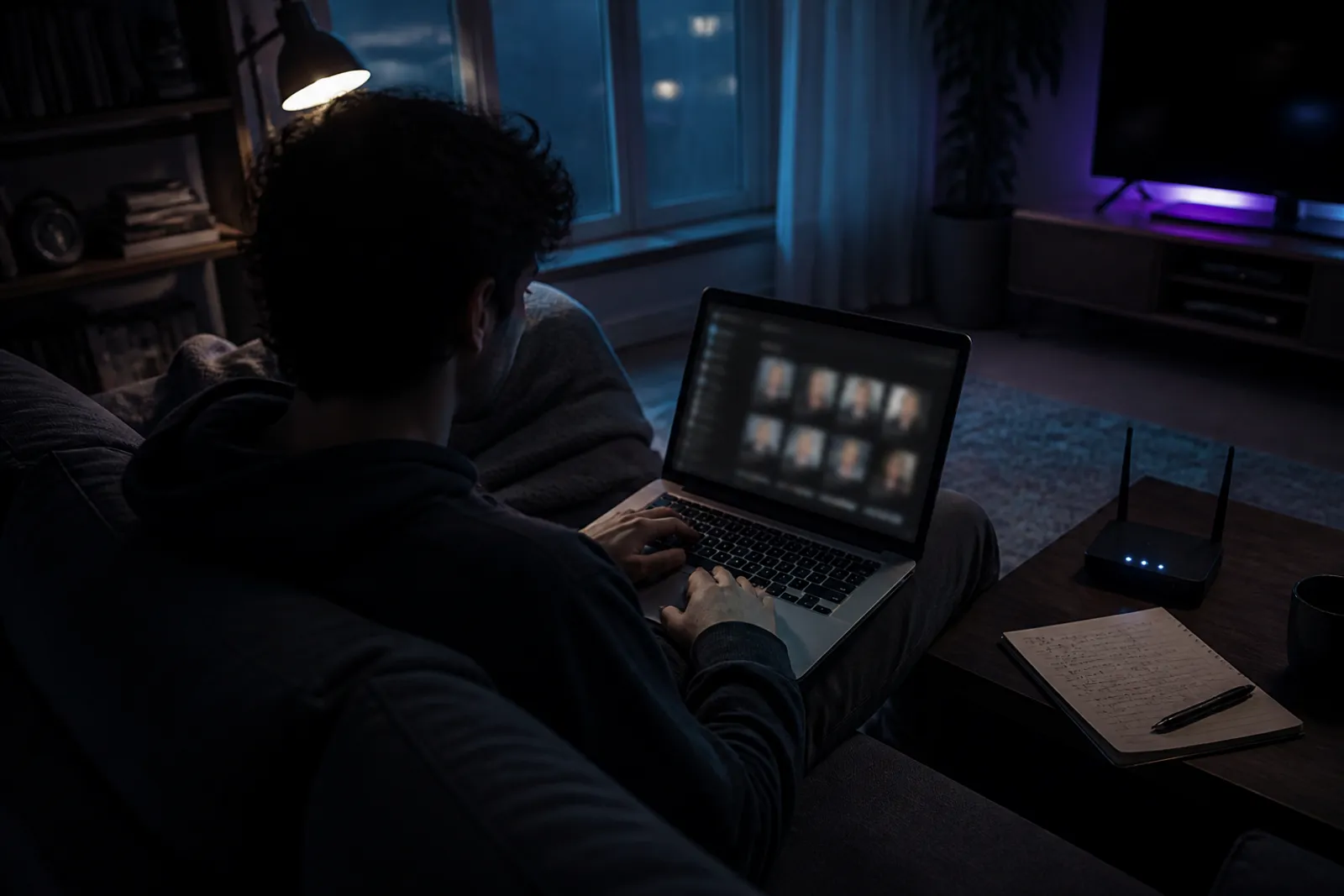 A user enjoys streaming dark web videos in a relaxed setting.