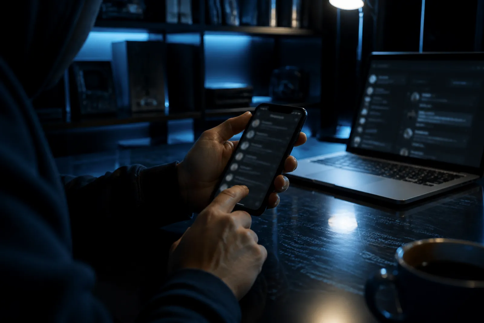 A user engaging with Telegram on a smartphone in a tech-savvy environment.