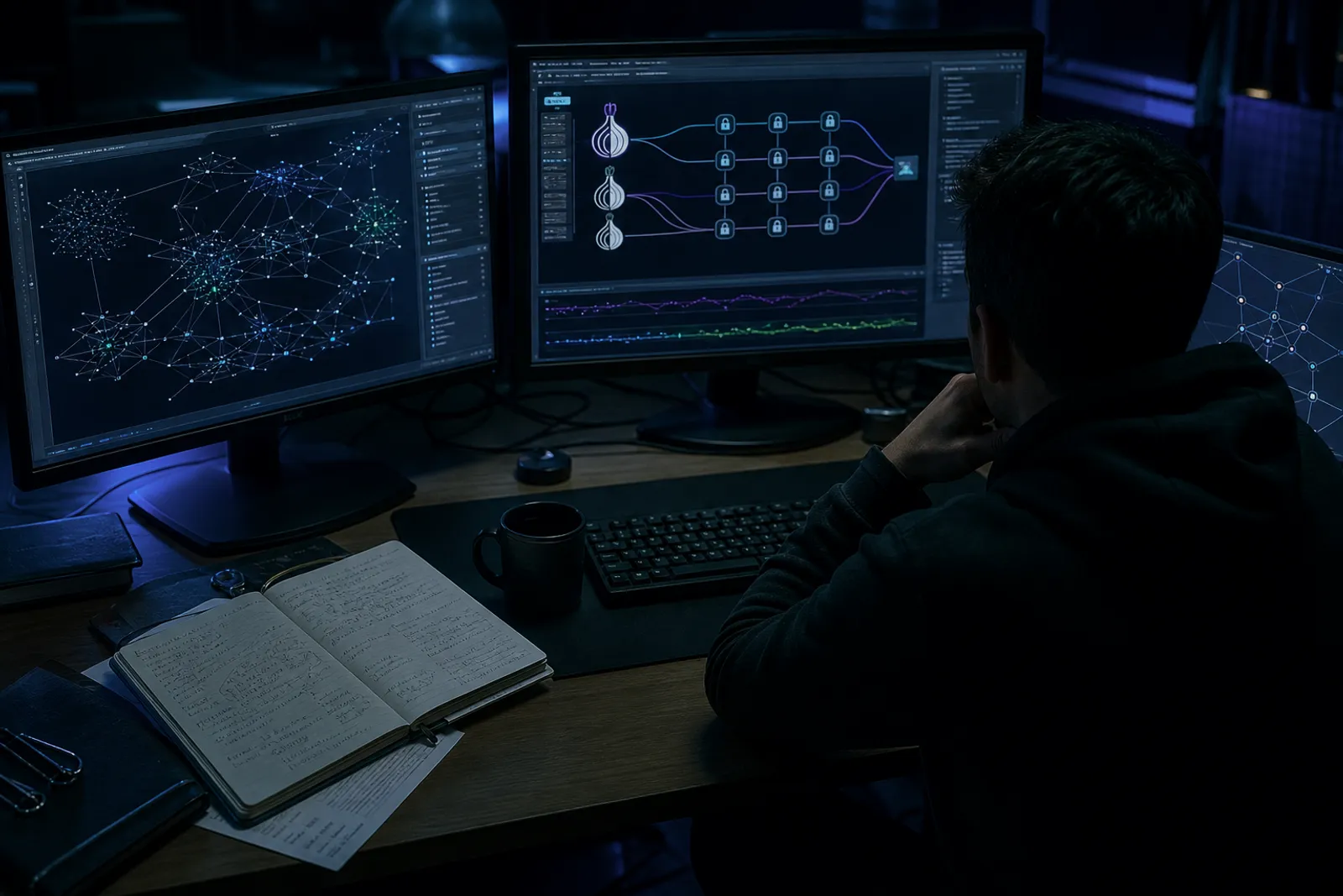 A person studying the architecture of the Tor network on their computer.