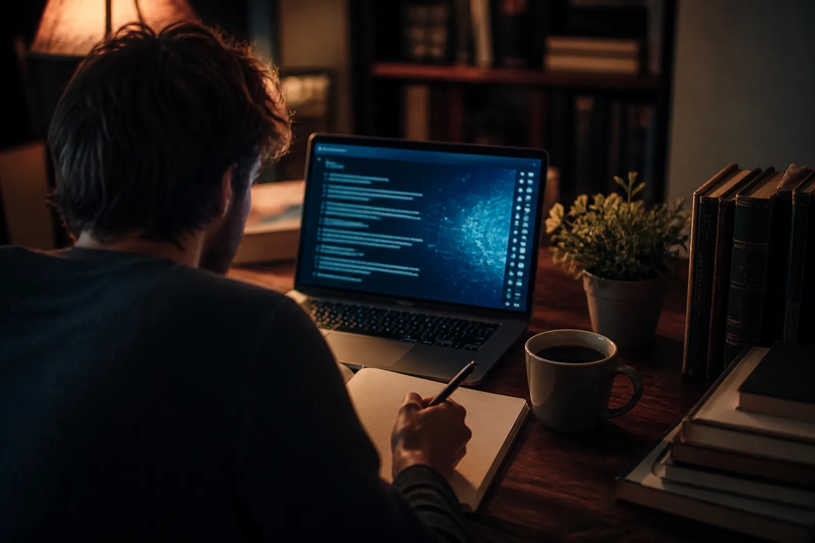 A user in a cozy home office reviewing a list of reliable onion sites.