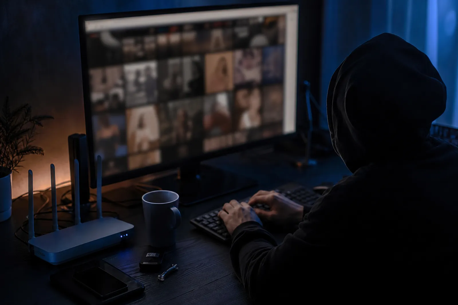 A user exploring adult content through Tor Browser in a cozy, dimly lit environment.