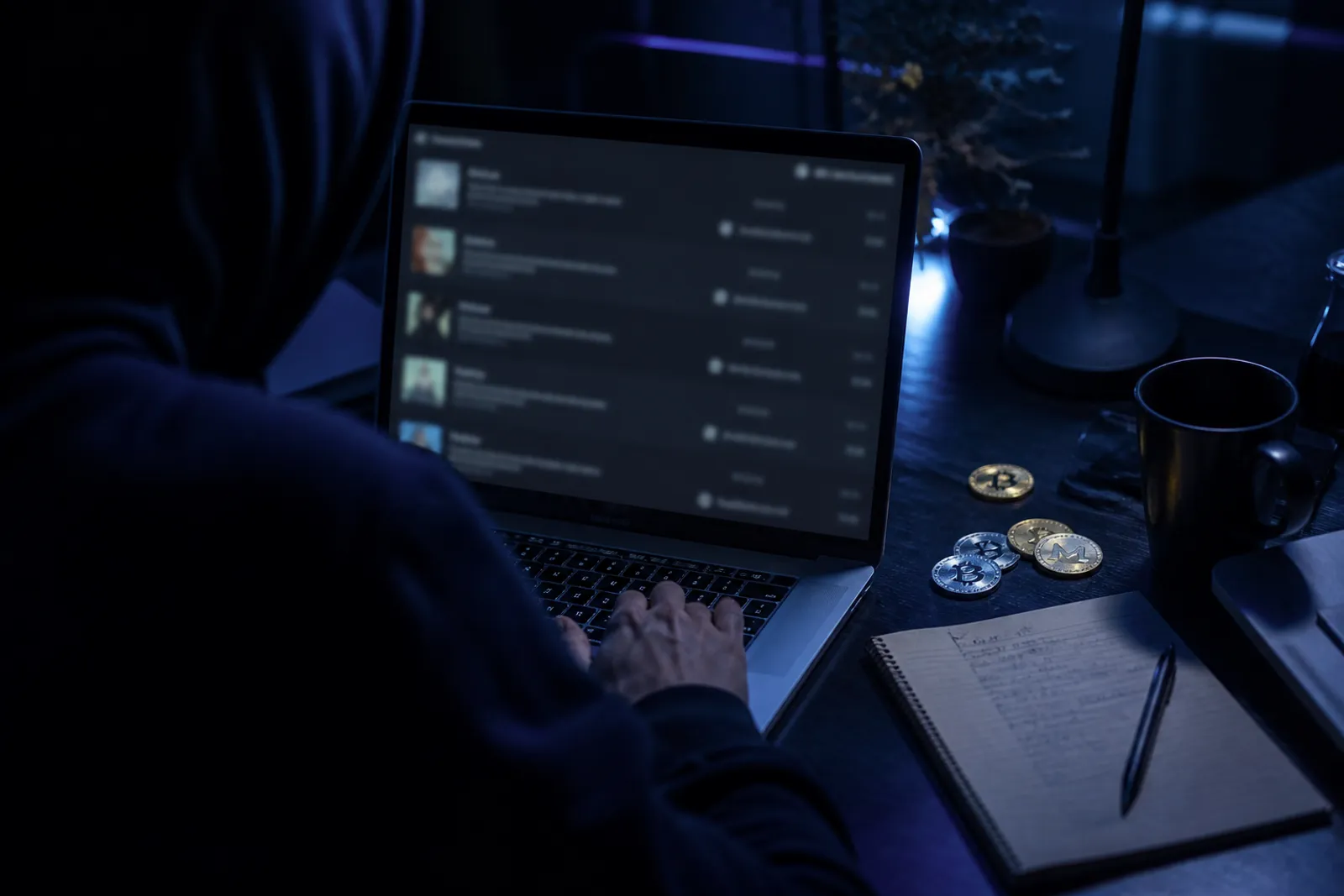 A user comparing listings from dark web marketplaces on a laptop at a desk.