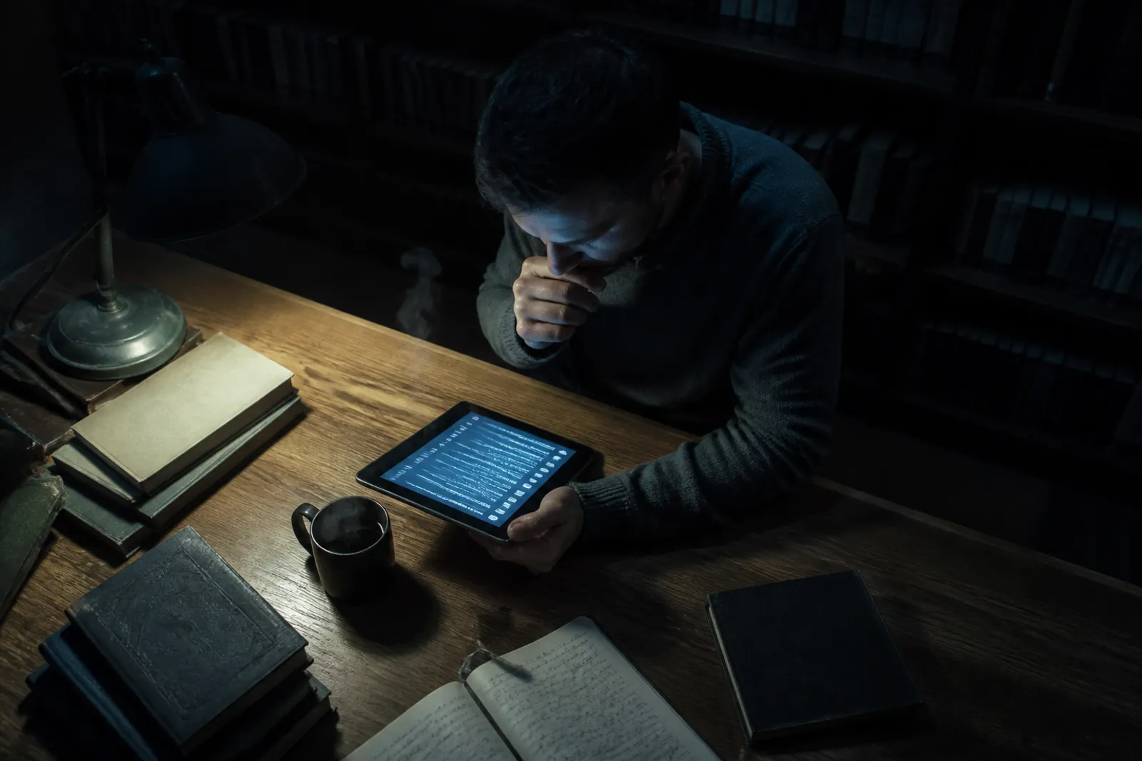 A researcher analyzes a curated list of .onion links on a tablet in a library.